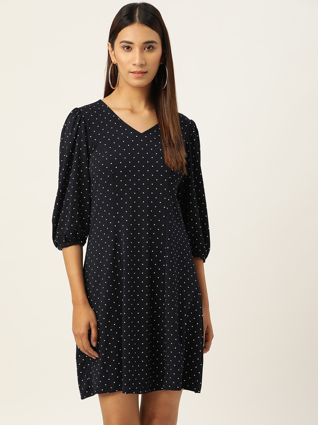 

AND Women Navy Blue & White Polka Dots Print A-Line Dress