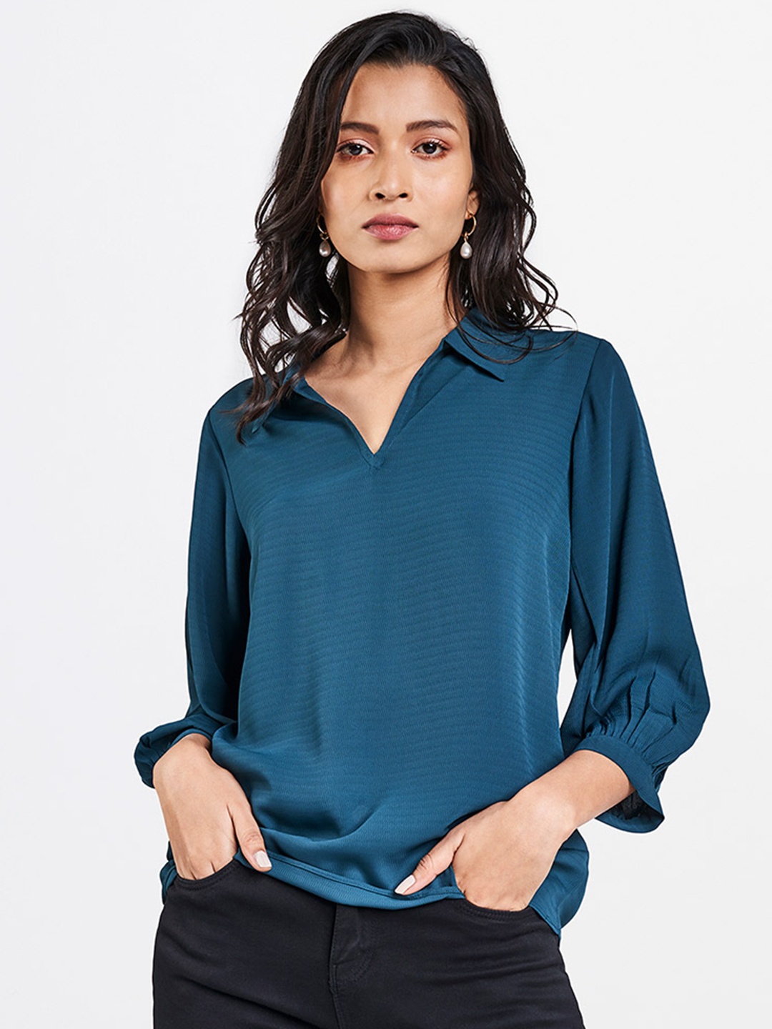 

AND Women Teal Green Shirt Collar Solid Top