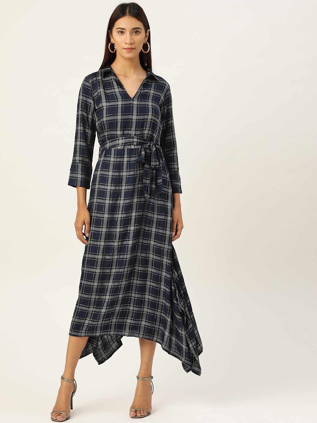 

AND Women Navy Blue & Grey Checked A-Line Dress