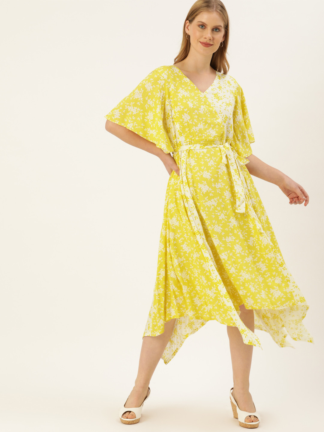 

AND Women Yellow & White Printed Fit and Flare Dress