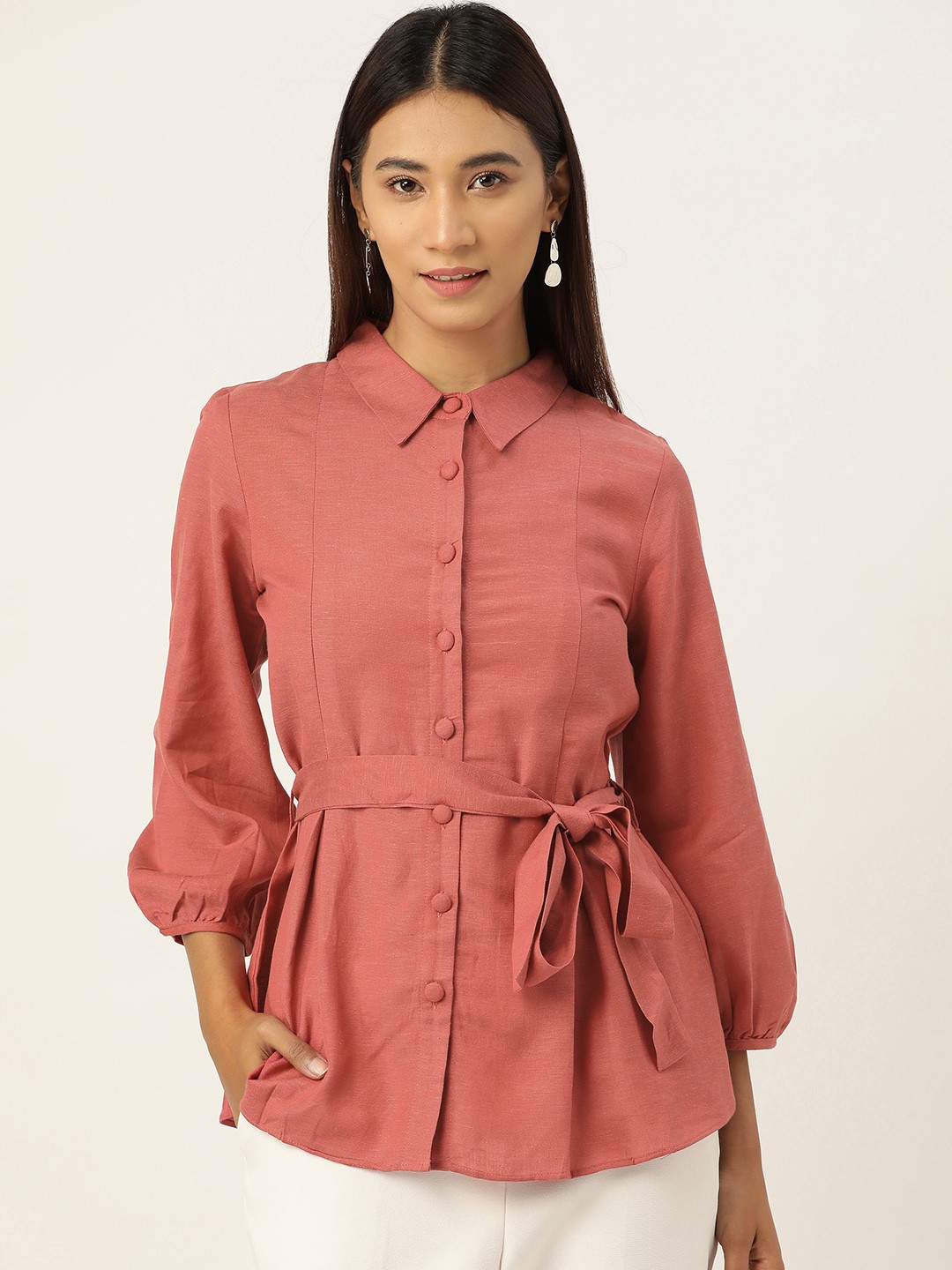 

AND Women Coral Pink Solid Shirt Style Top With Belt