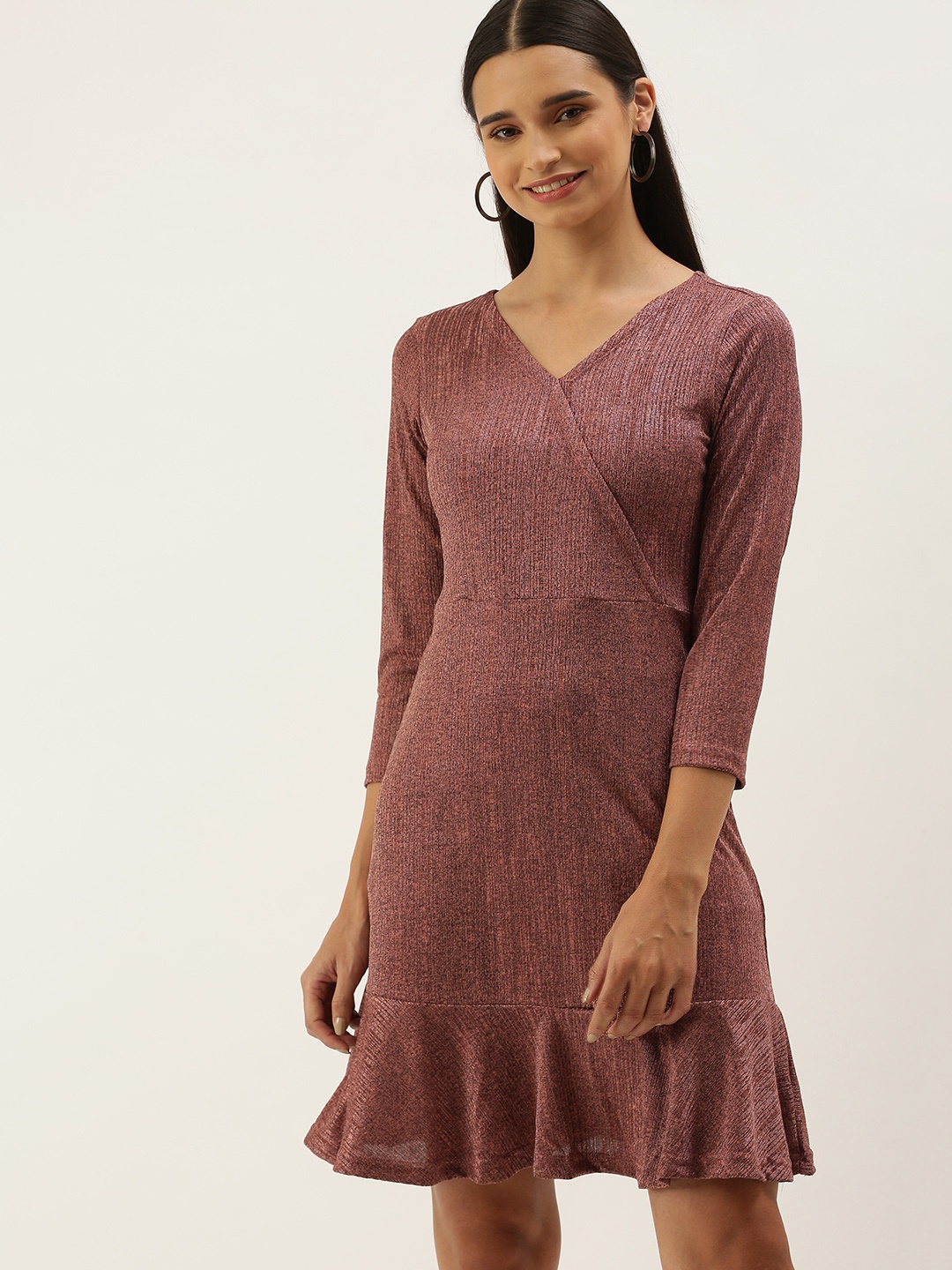 

AND Women Pink Self Design Fit and Flare Flounce Dress