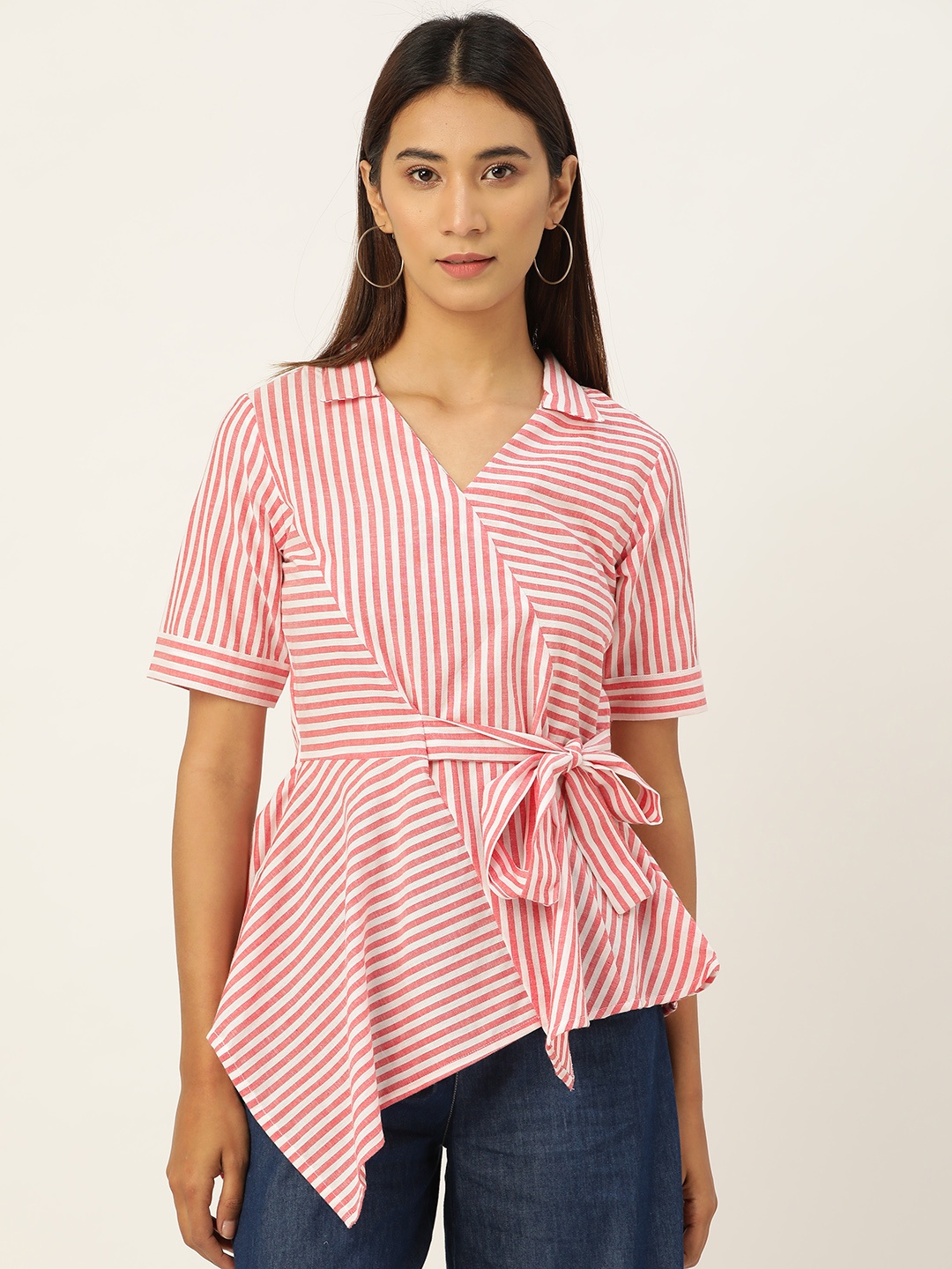 

AND Women Pink & White Pure Cotton Striped Cinched Waist Top