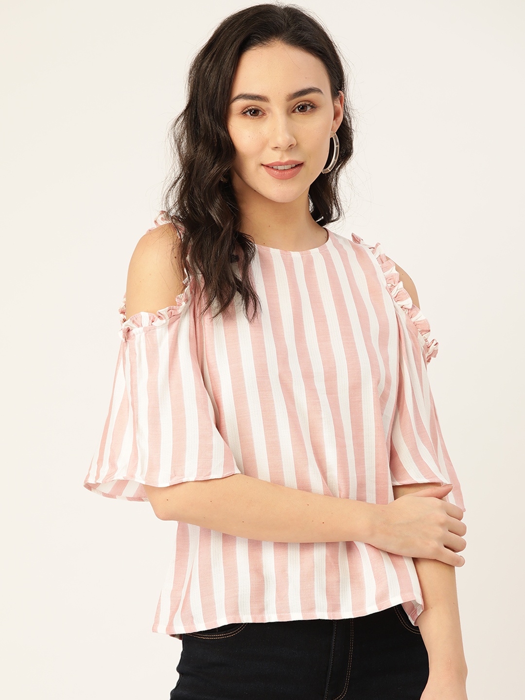 

AND Women Mauve & White Striped Cold-Shoulder Top