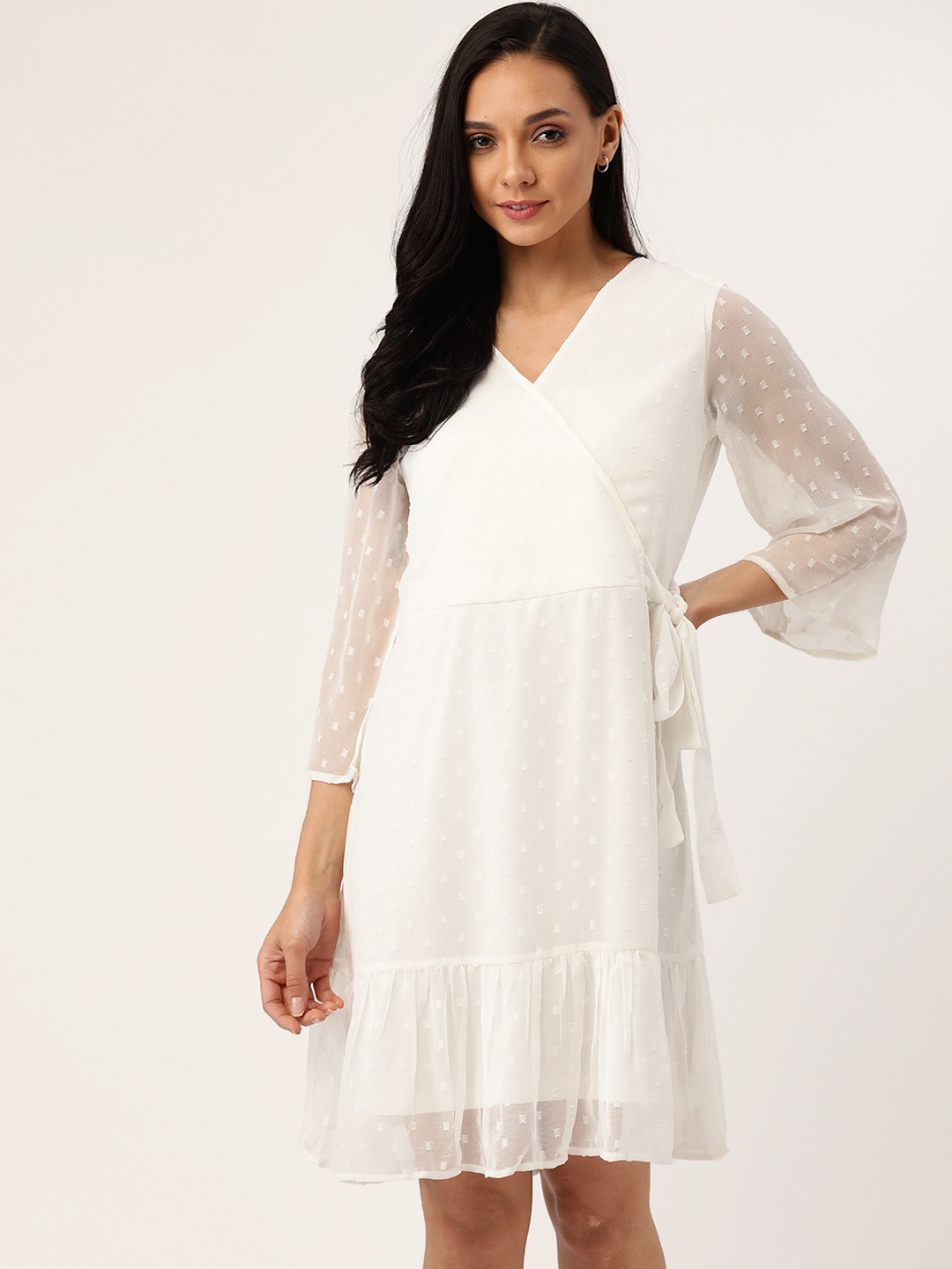 

AND Women White Dobby Weave Wrap Dress