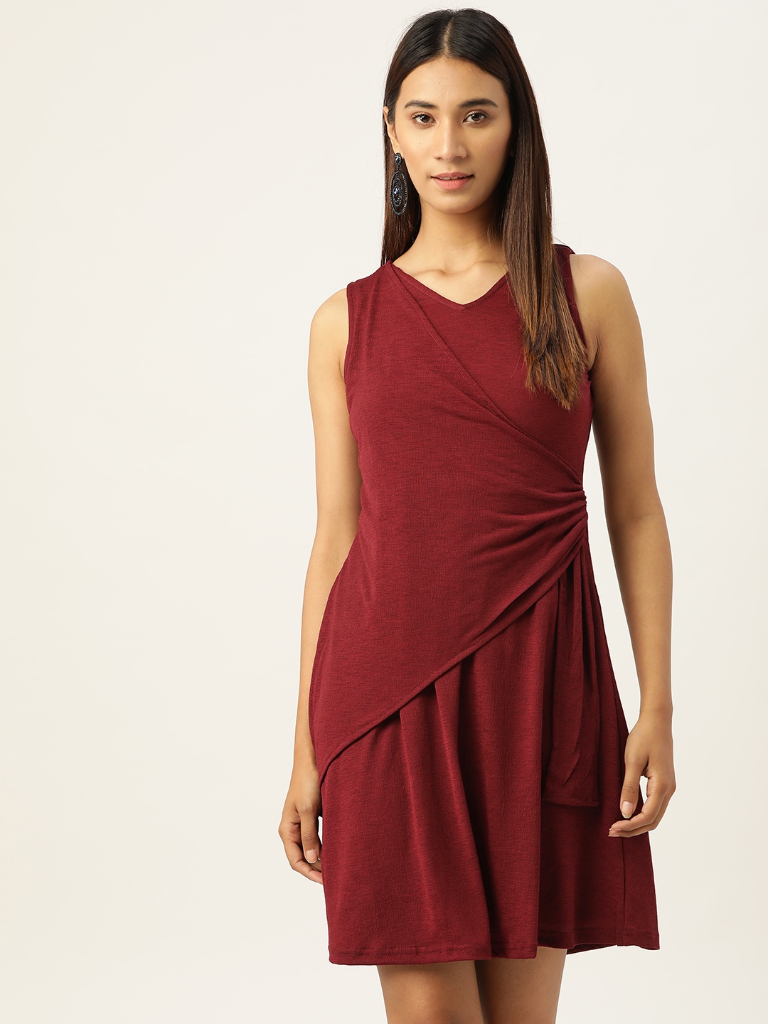 

AND Women Maroon Solid Wrap Dress