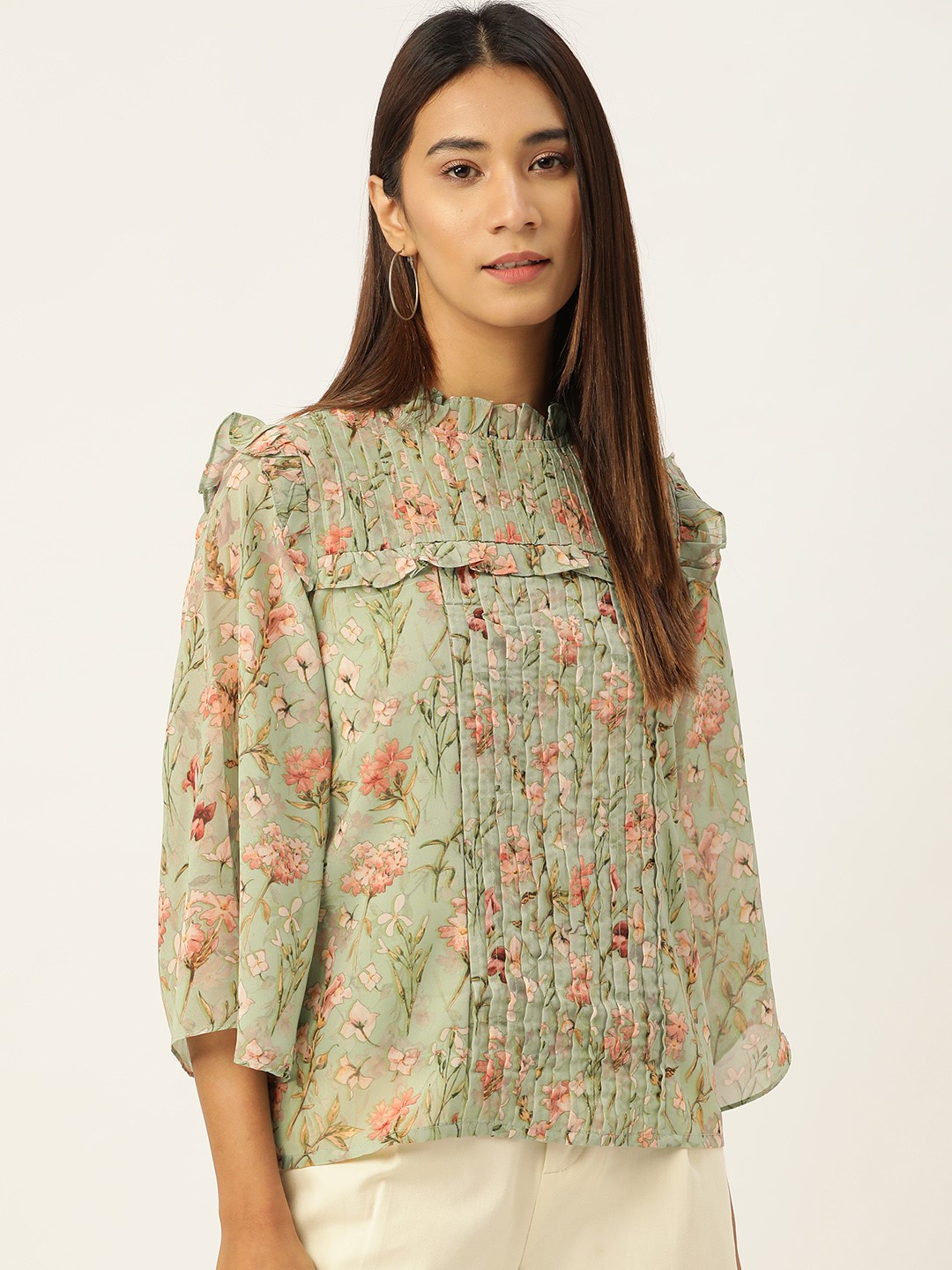 

AND Women Green & Peach-Coloured Floral Print A-Line Top