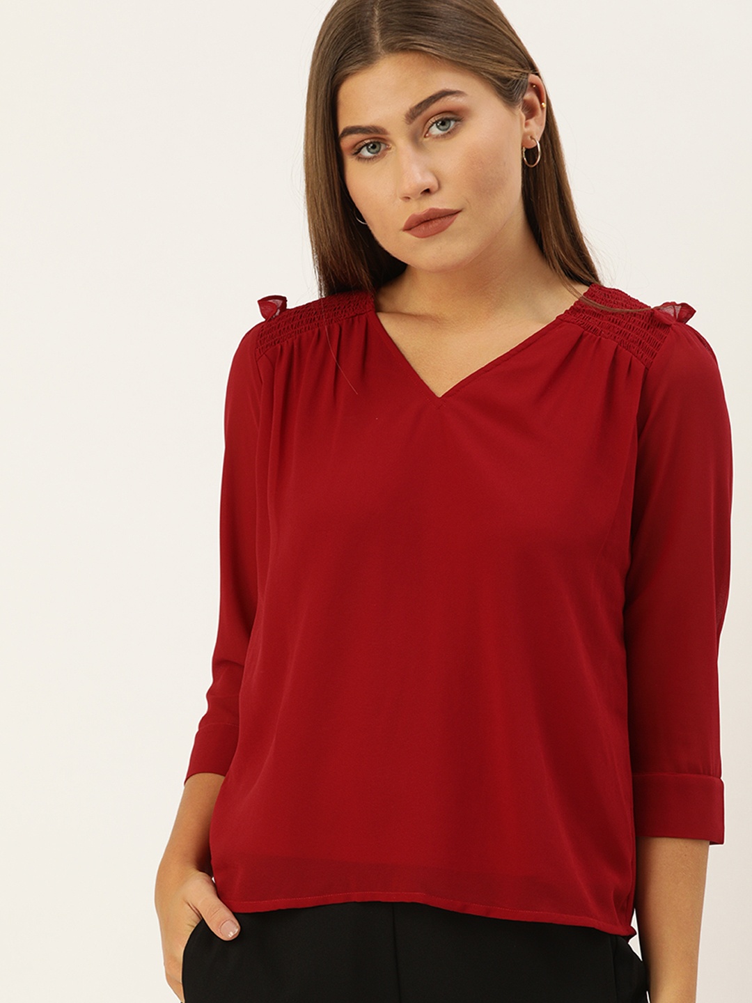 

AND Women Red Solid Blouson Top