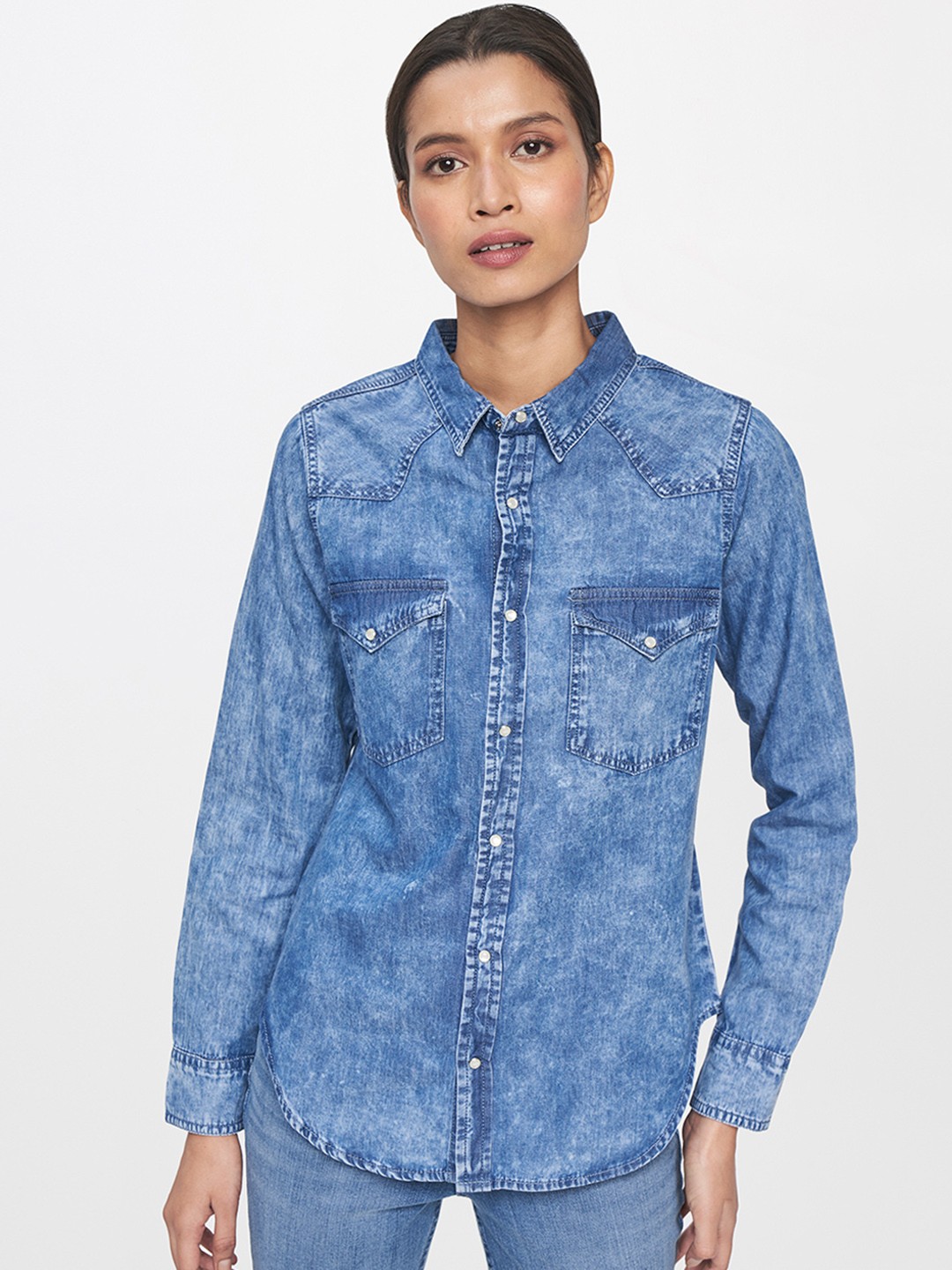

AND Women Blue Faded Casual Shirt