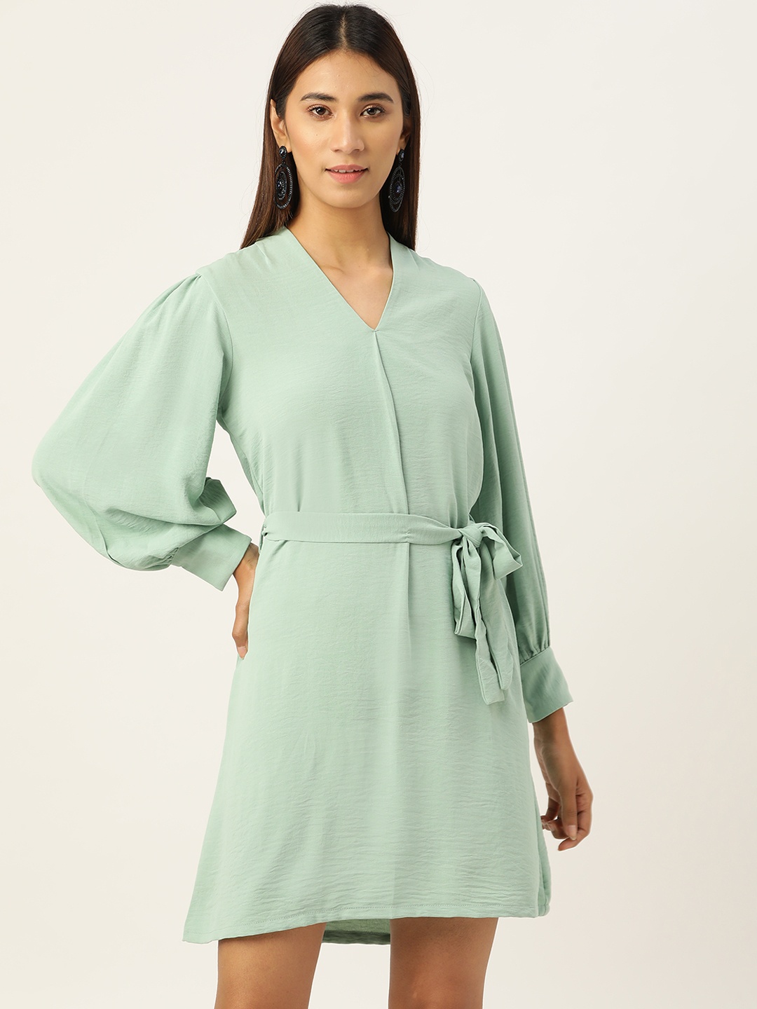 

AND Women Mint Green Solid A-Line Dress & Belt