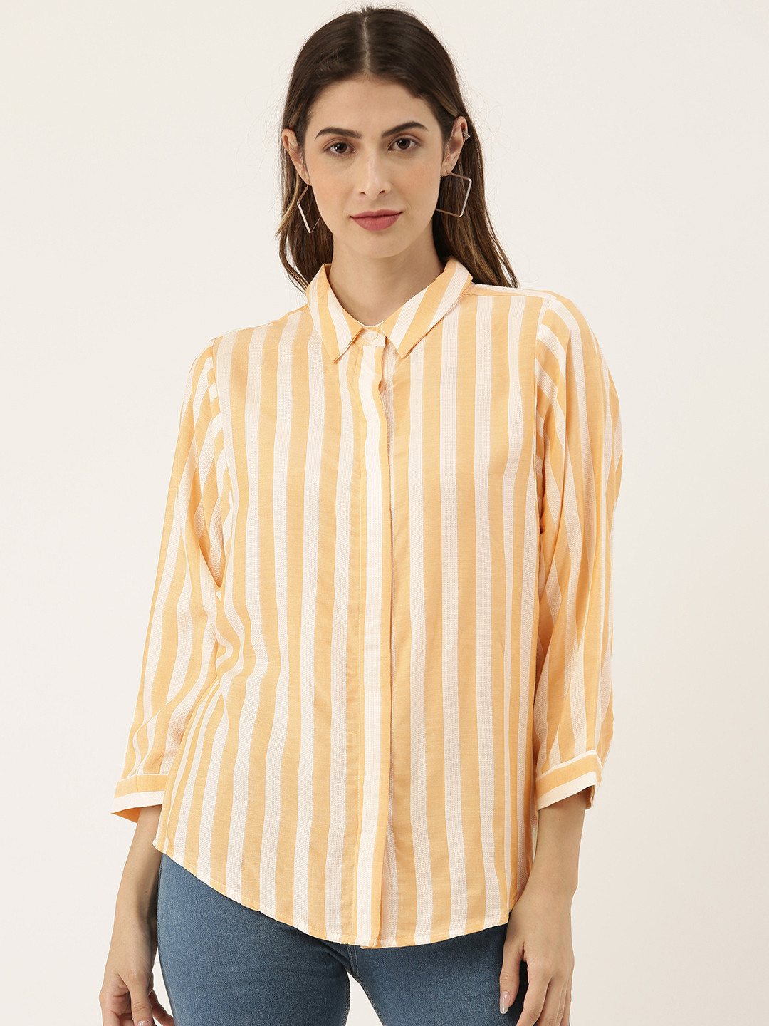 

And Women Off White & Coral Orange Striped Shirt Style Top