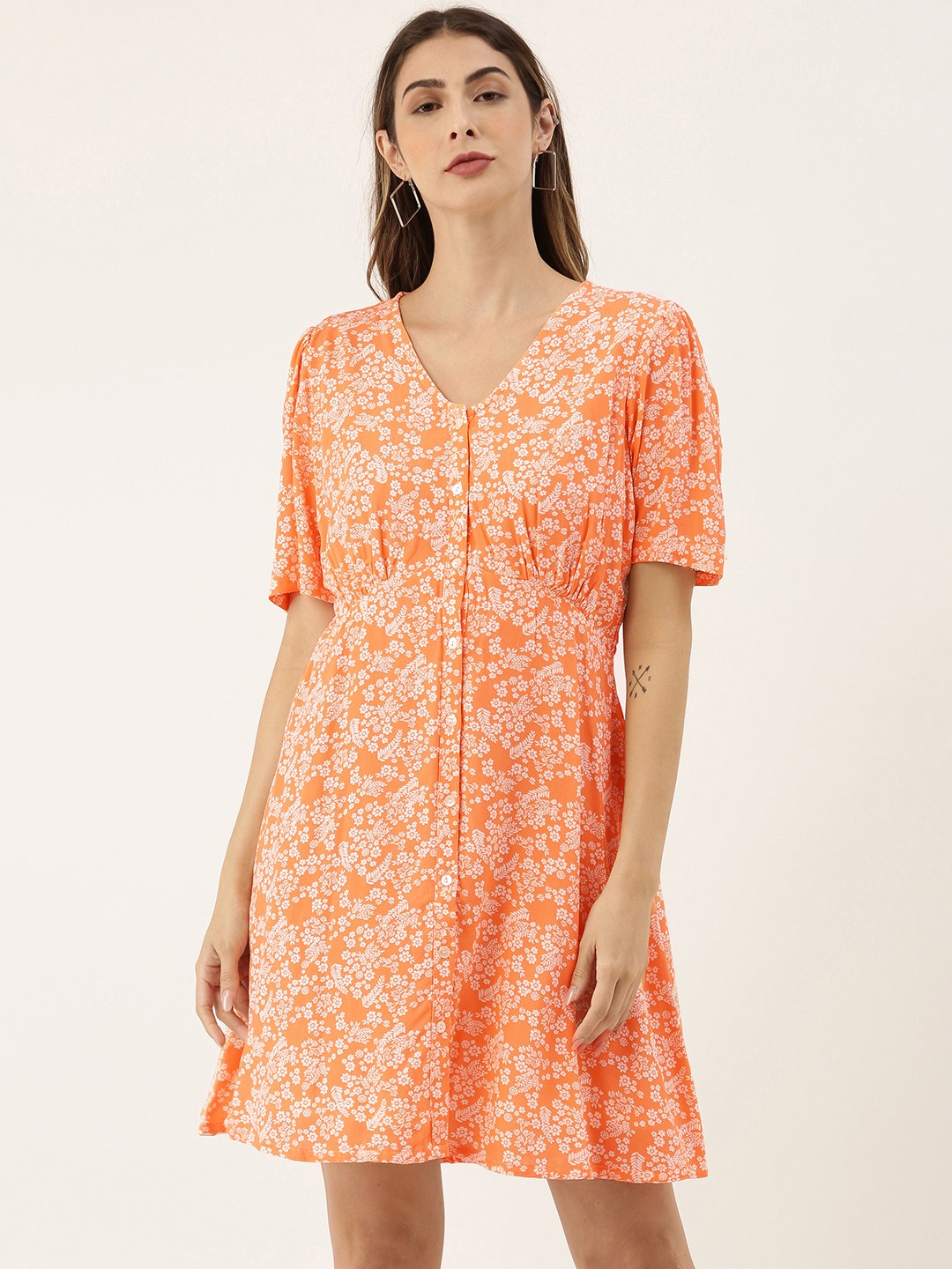 

AND Women Orange Printed Fit and Flare Dress