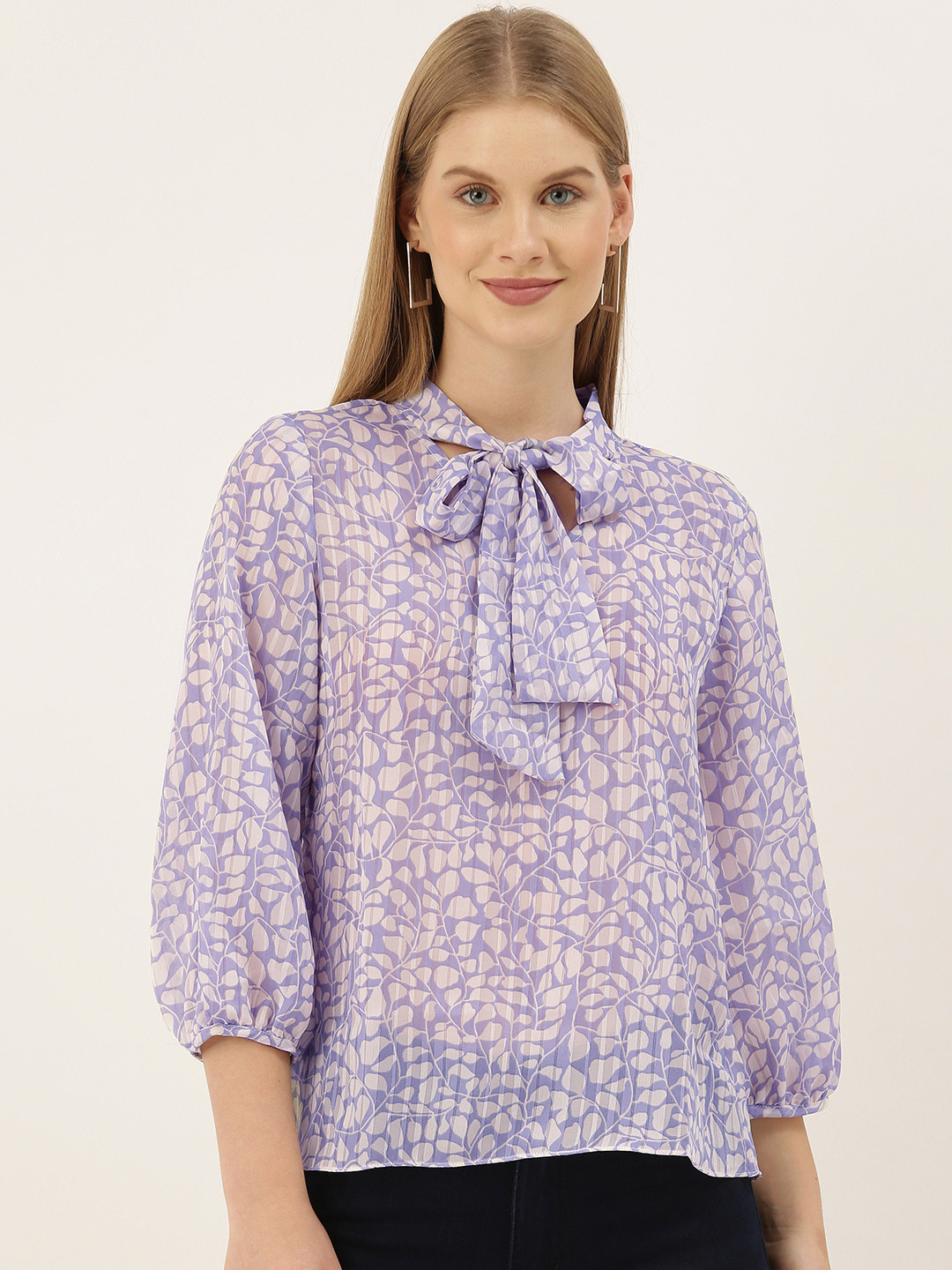 

And Lavender & Off White Floral Printed Tie-up Neck Regular Top