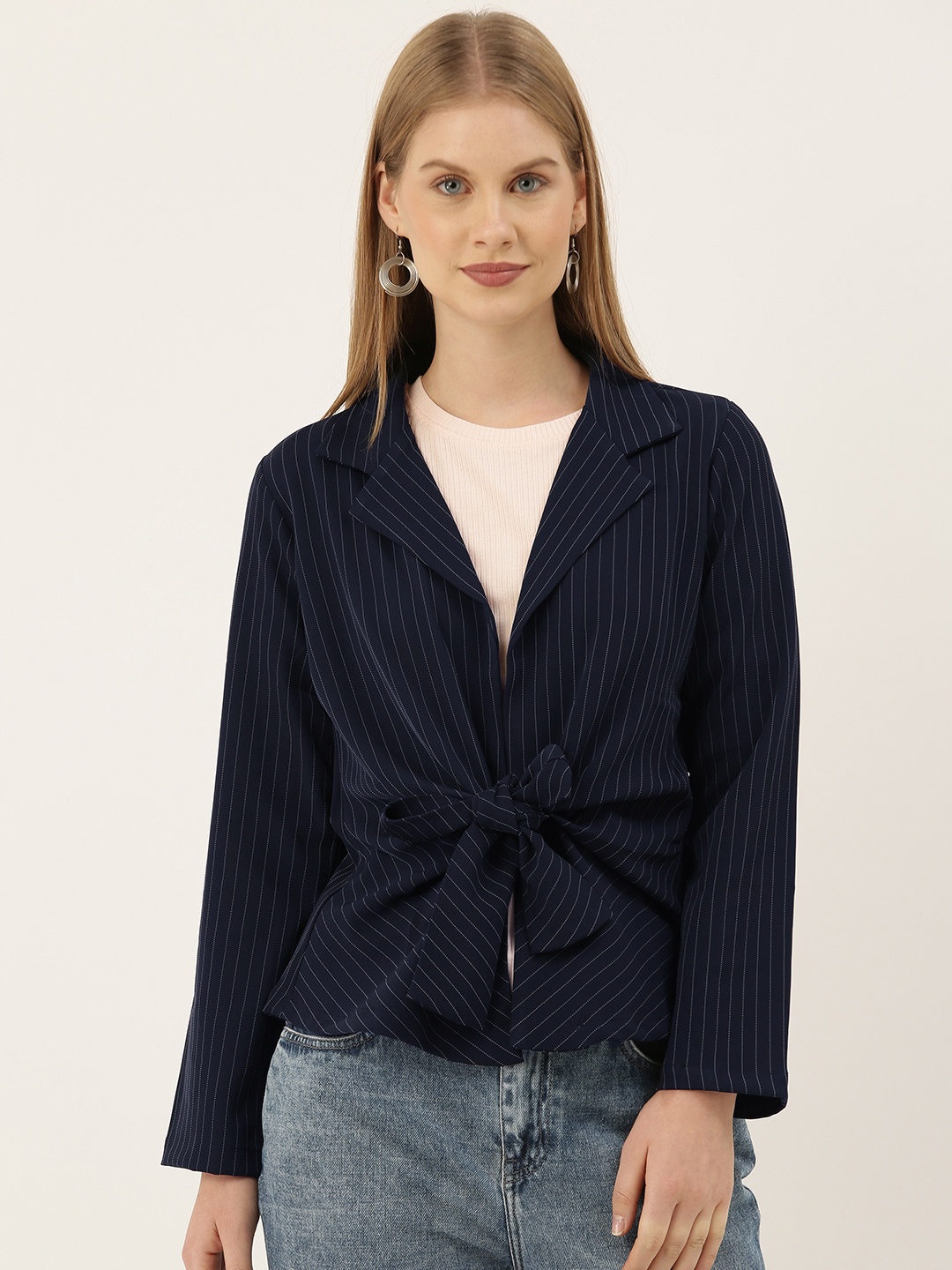 

AND Women Navy Blue & White Striped Tailored Jacket