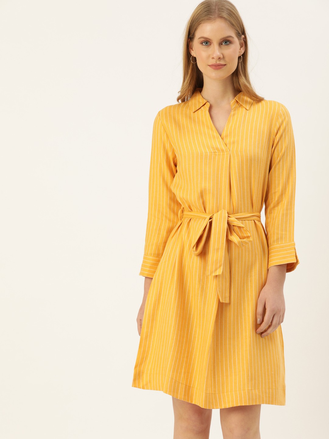 

AND Women Yellow Striped Fit and Flare Dress