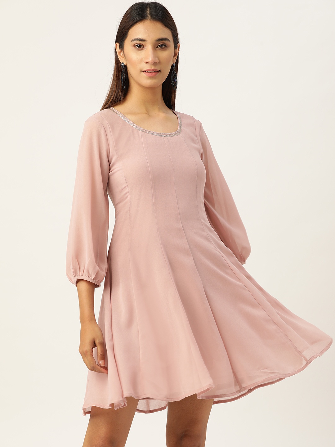

AND Women Pink Solid Jewel Neck A-Line Dress