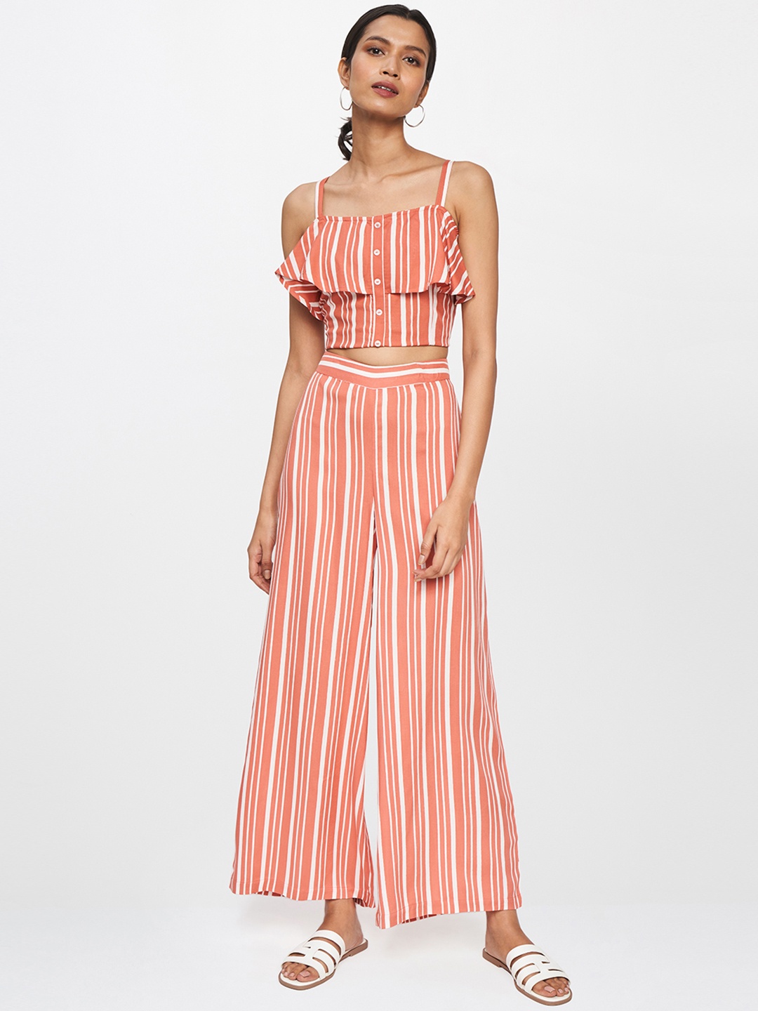 

AND Women Coral Pink & White Striped Co-Ord Top with Trousers
