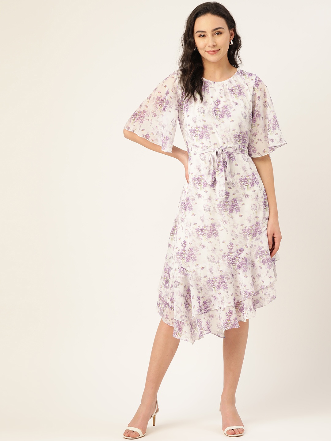 

AND Women White & Lavender Floral Print asymmetric A-Line Dress