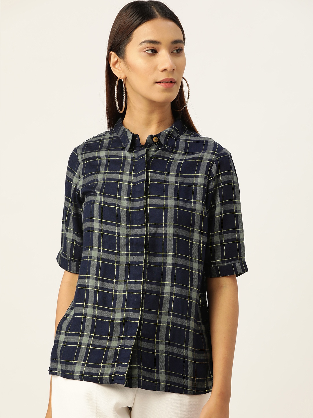 

AND Women Navy Blue & Grey Regular Fit Checked Casual Shirt