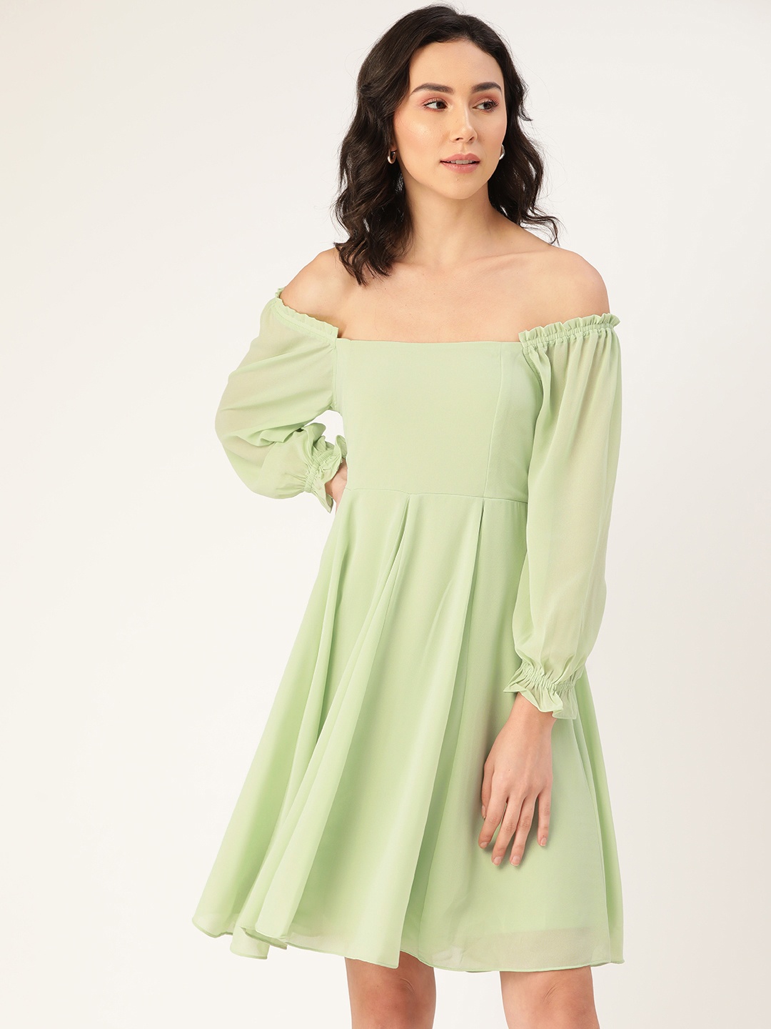 

AND Women Green Solid Smocked Off-Shoulder A-Line Dress