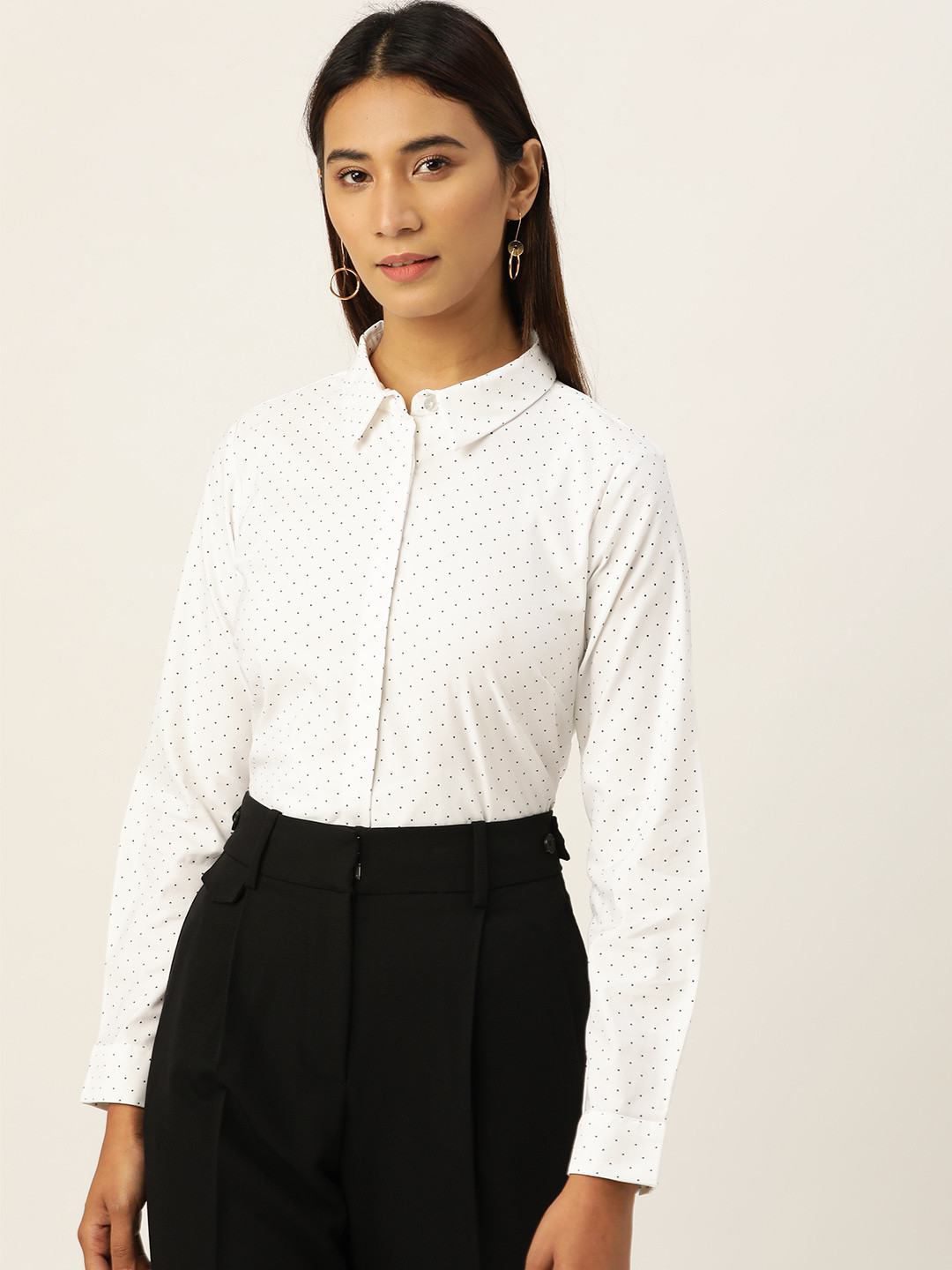 

AND Women White & Navy Blue Regular Fit Printed Knitted Casual Shirt