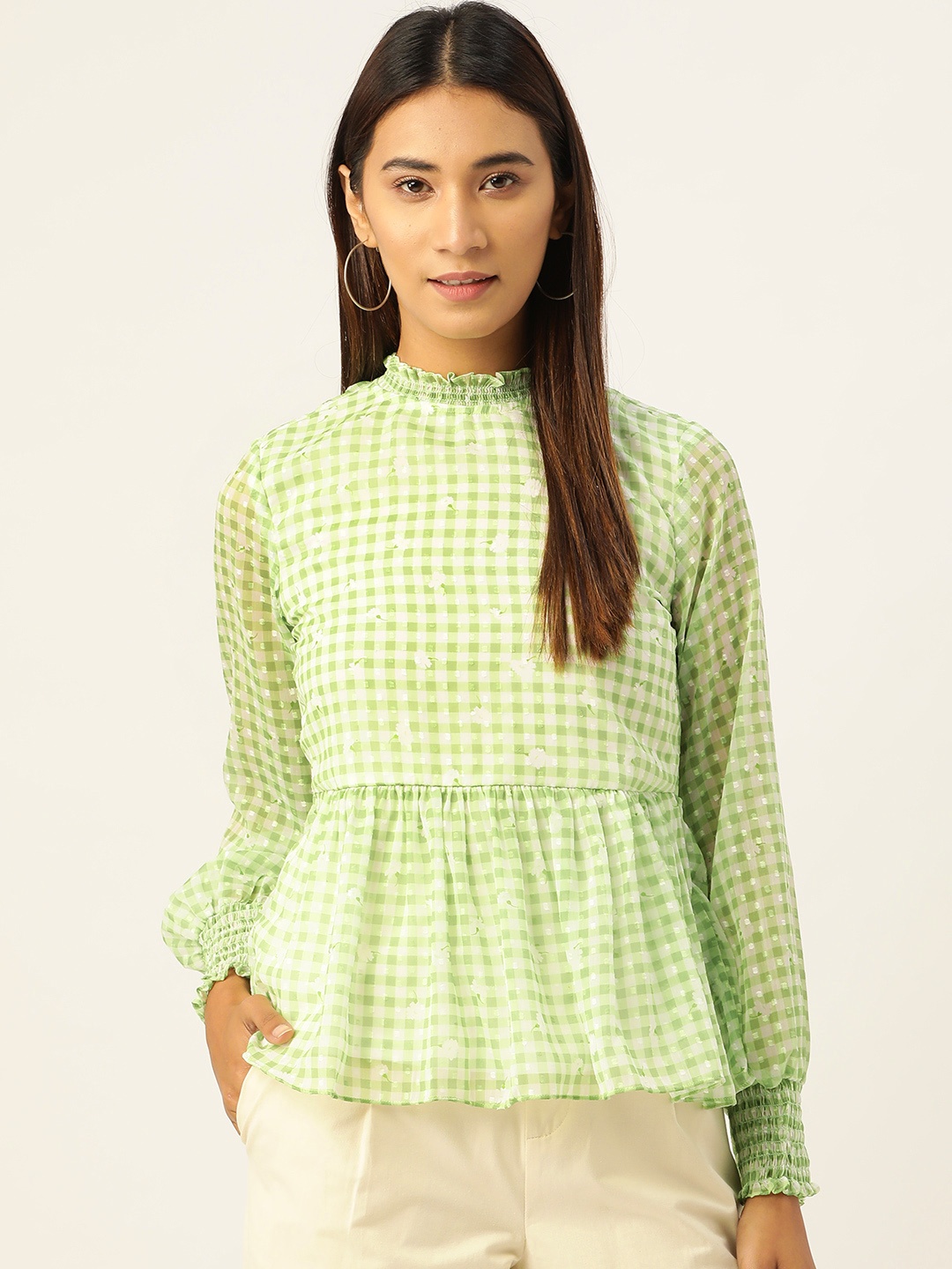 

AND Women Green & White Checked A-Line Top