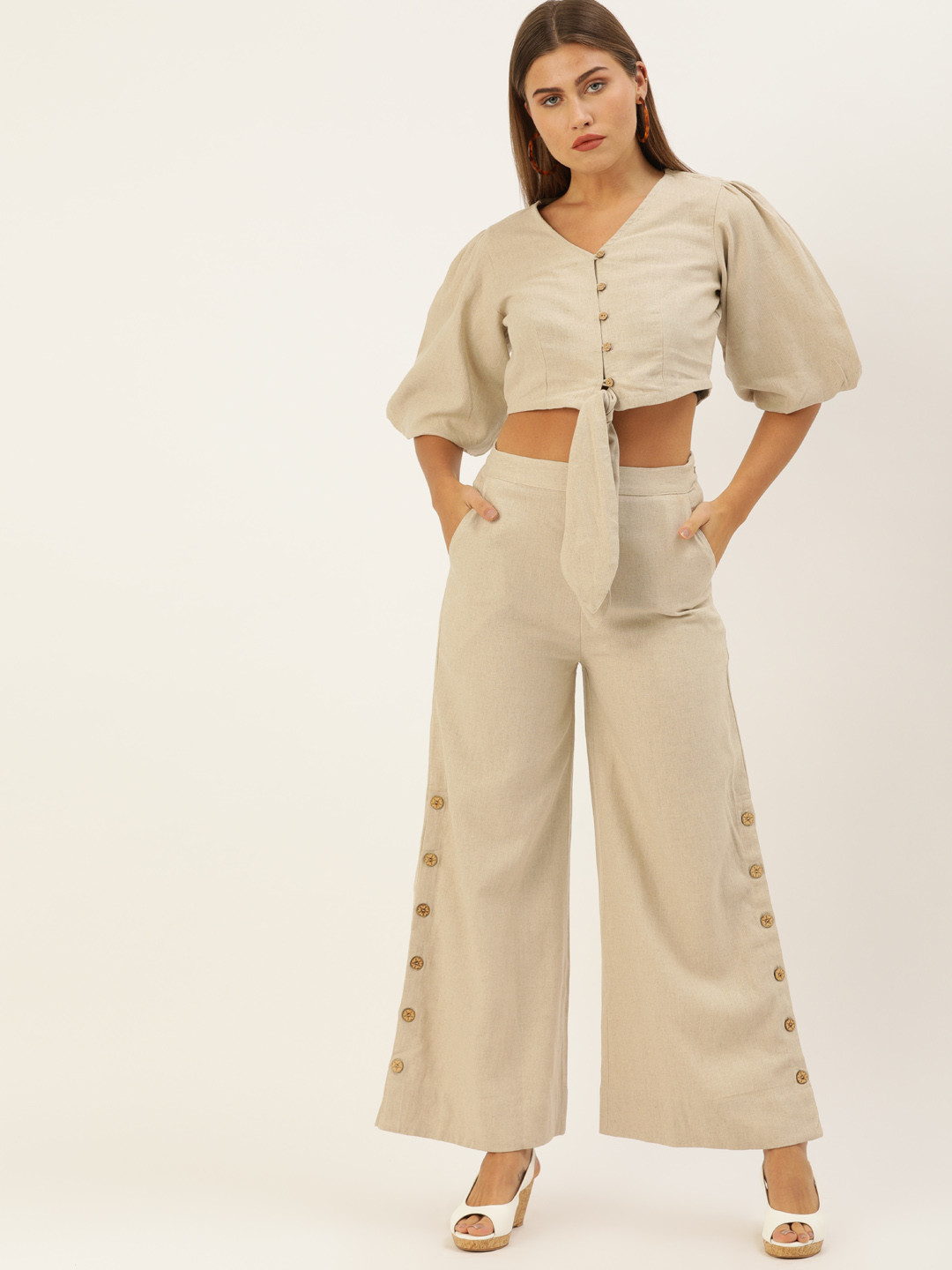 

AND Women Off-White Solid Puff Sleeves Tie-Up Detailed Crop Linen Top with Trousers