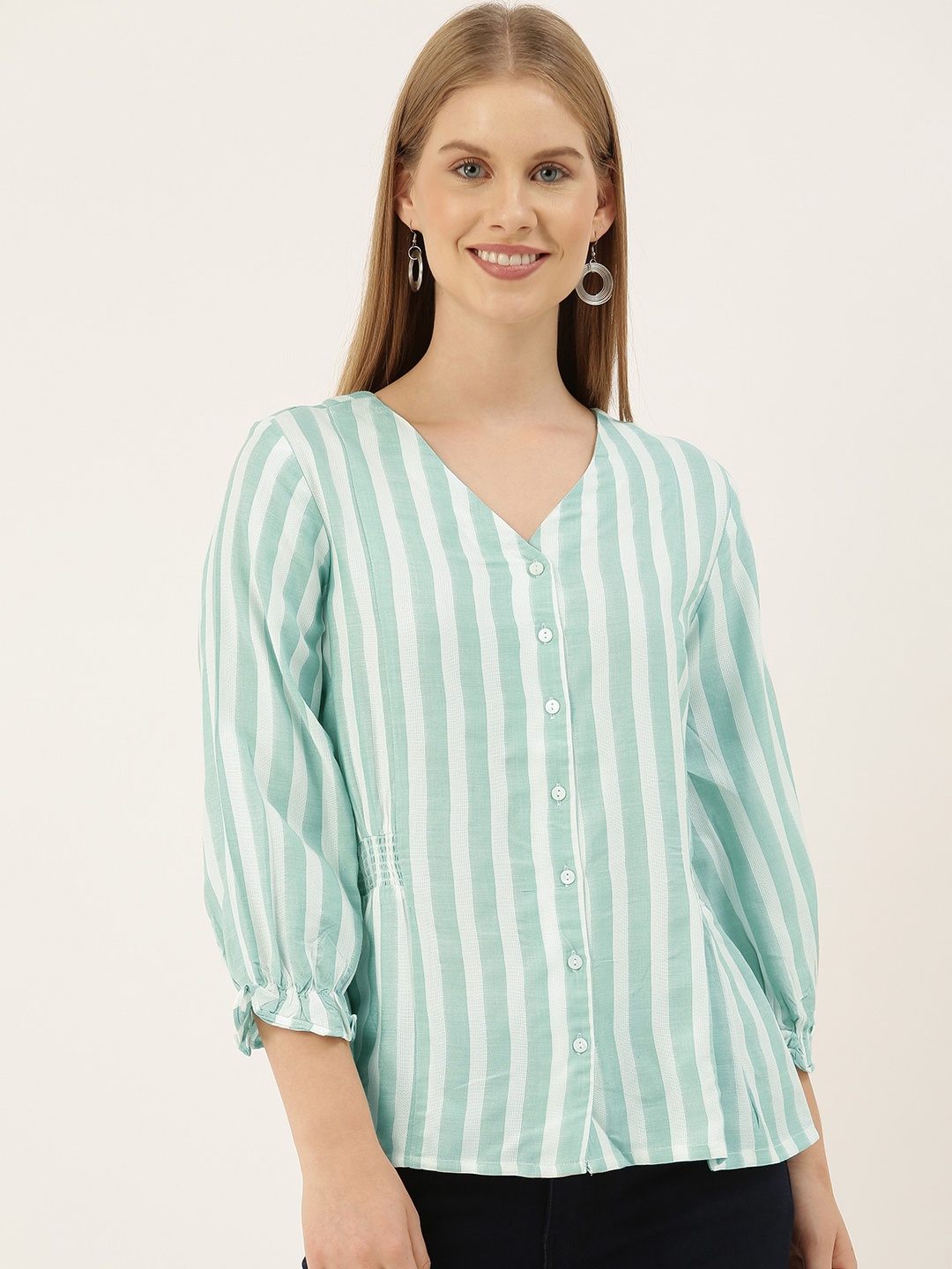 

And Green & White Striped Puff Sleeves Regular Top