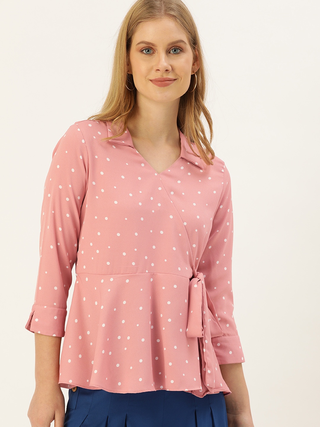 

AND Pink & White Polka Dots Printed Peplum Top