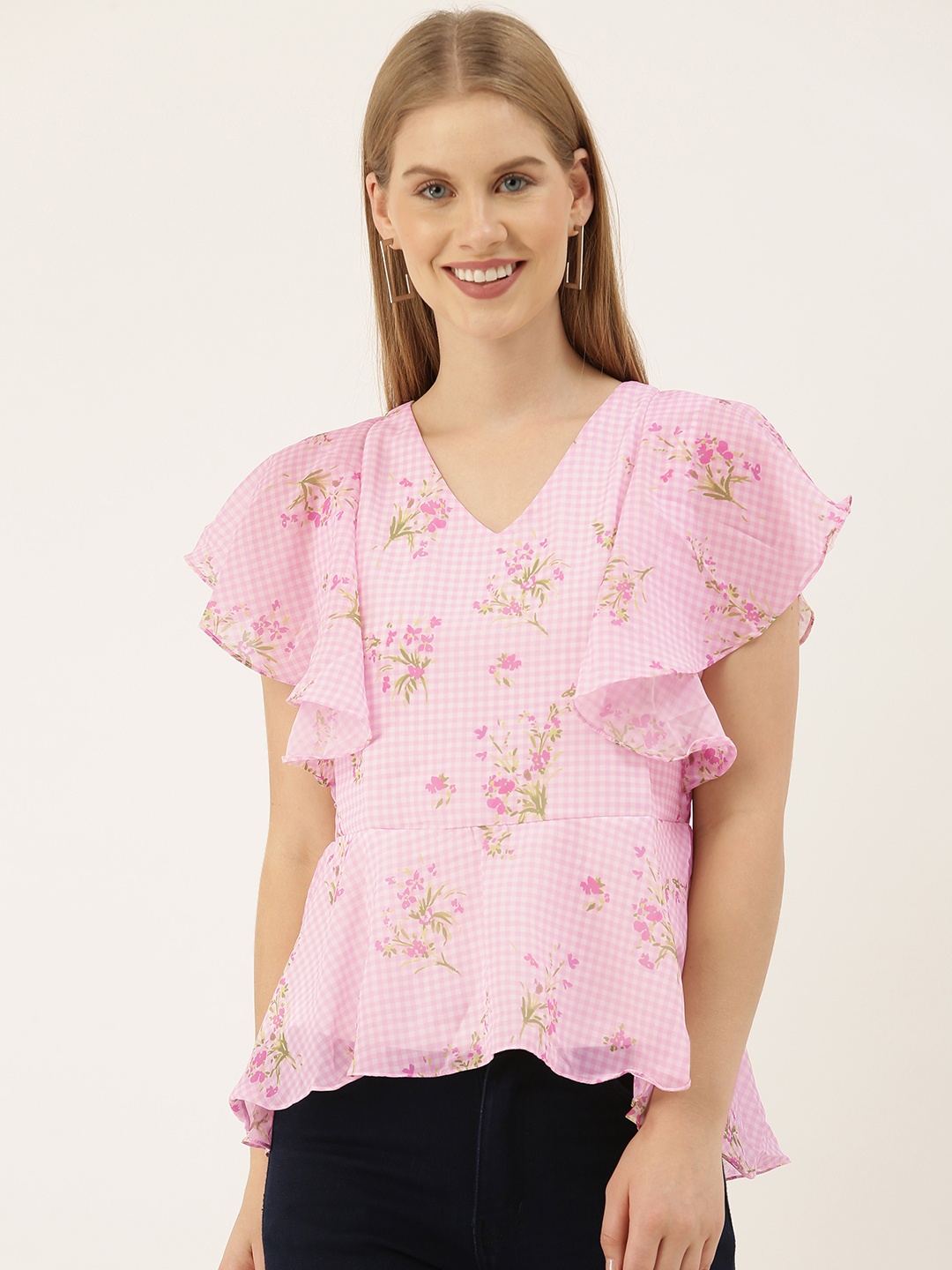 

And Pink Floral Printed Checked V-Neck Flutter Sleeves Peplum Top