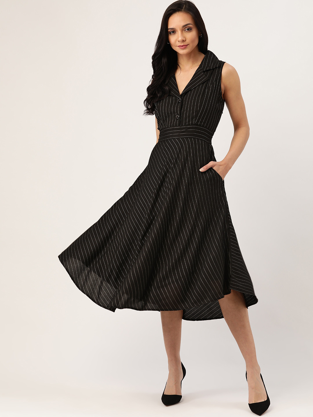 

AND Women Black & White Striped Shirt Dress