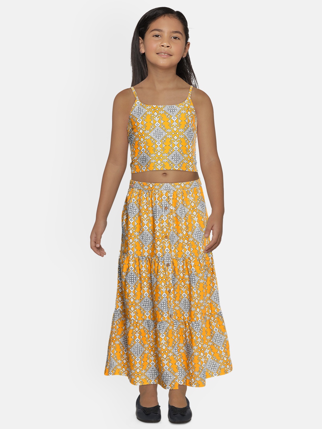 

Global Desi Girls Mustard Yellow Printed Top with Skirt