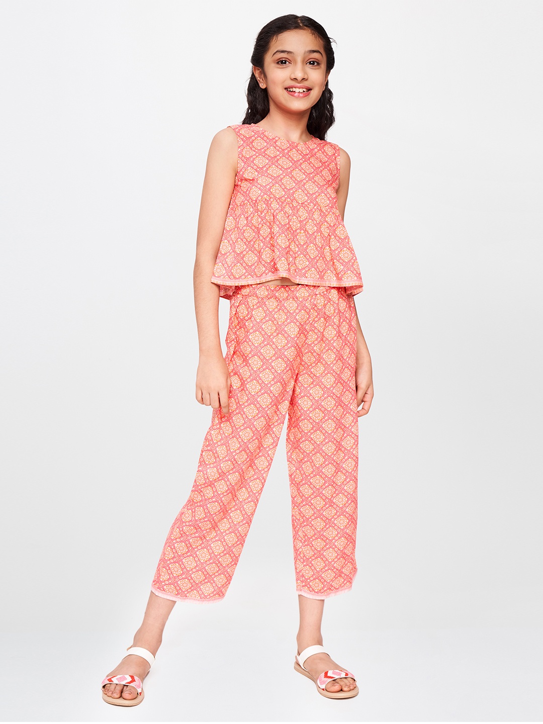 

Global Desi Girls Coral Printed Top with Trousers