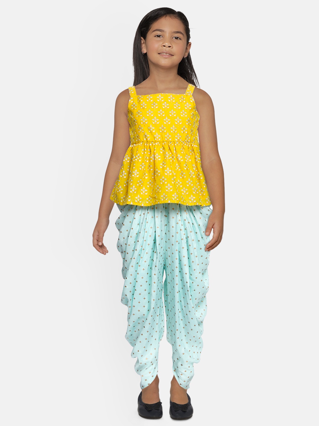

Global Desi Girls Yellow & Blue Printed Top with Dhoti Pants