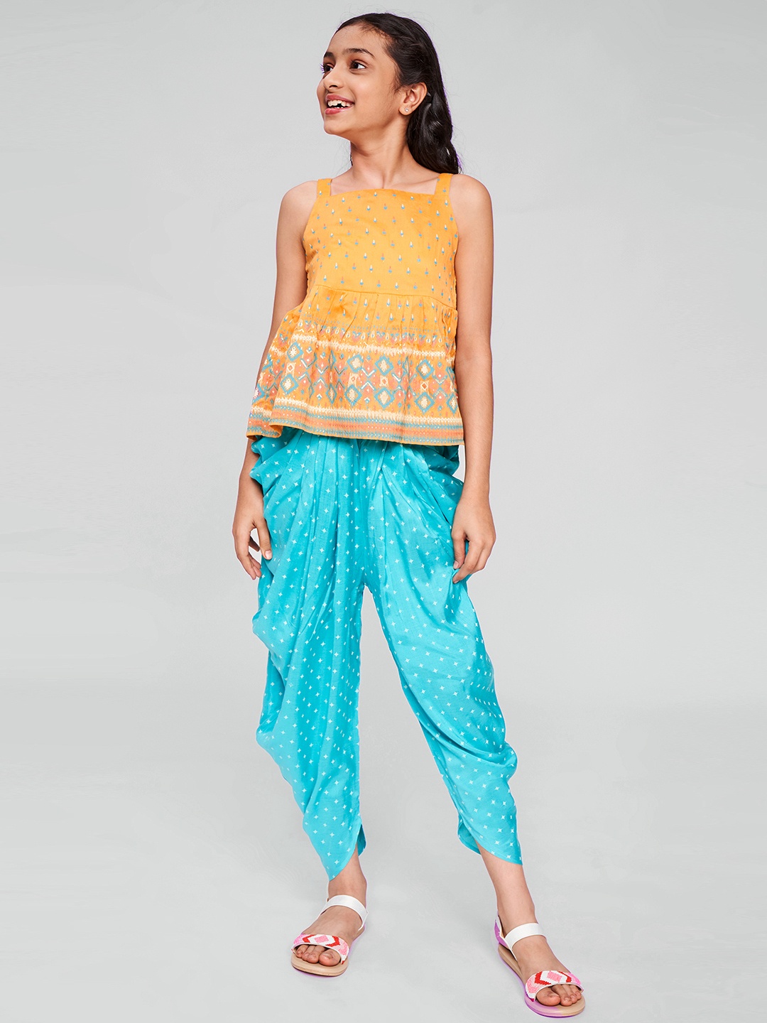 

Global Desi Girls Orange & Blue Printed Top with Dhoti Pants