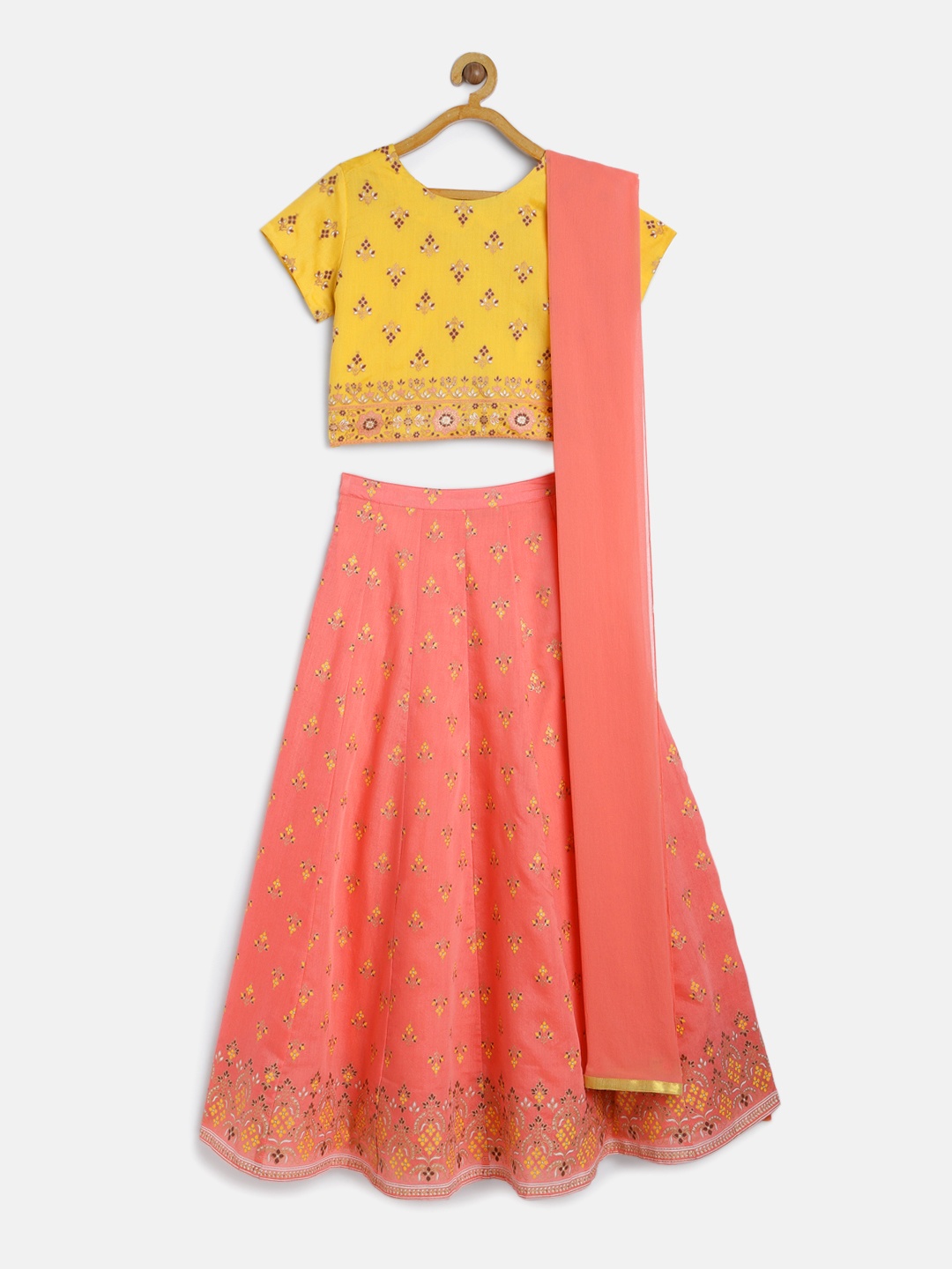 

Global Desi Girls Yellow & Pink Printed Ready to Wear Lehenga & Blouse with Dupatta