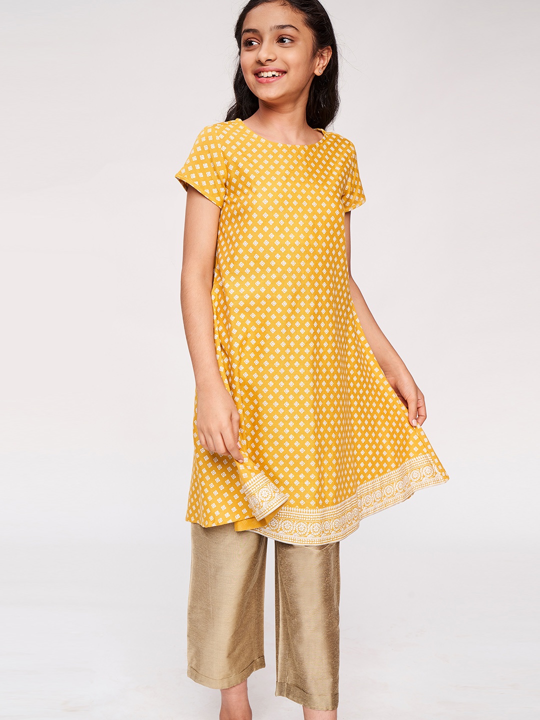 

Global Desi Girls Mustard Floral Printed Kurta