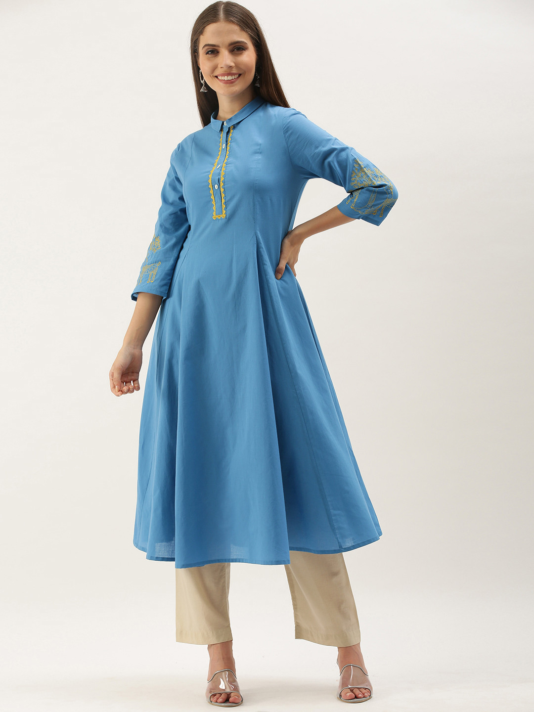 

Anouk Women Blue & Yellow Embroidered Thread Work Anarkali Kurta