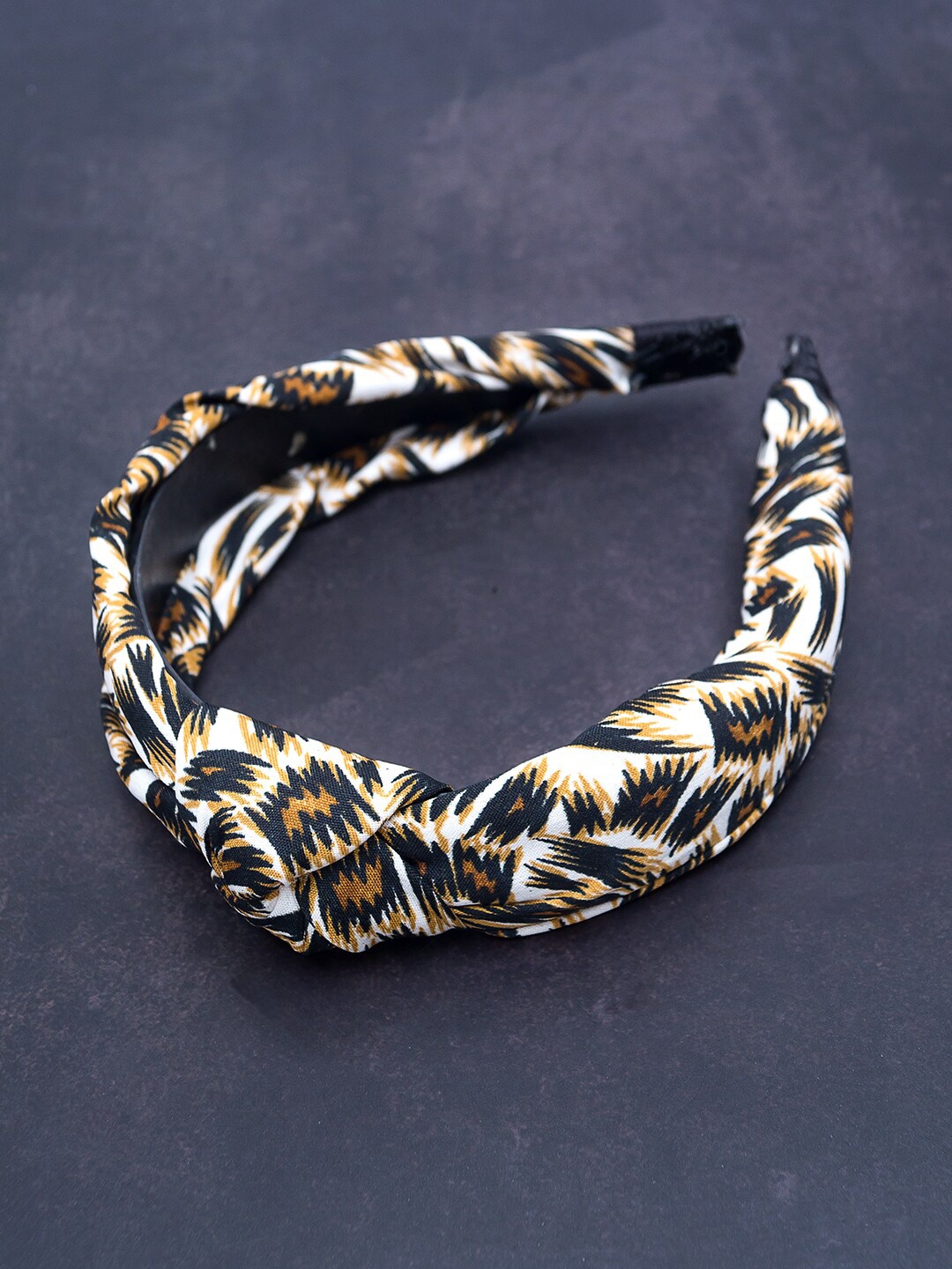 

Golden Peacock Beige & Black Printed Knot Design Hairband