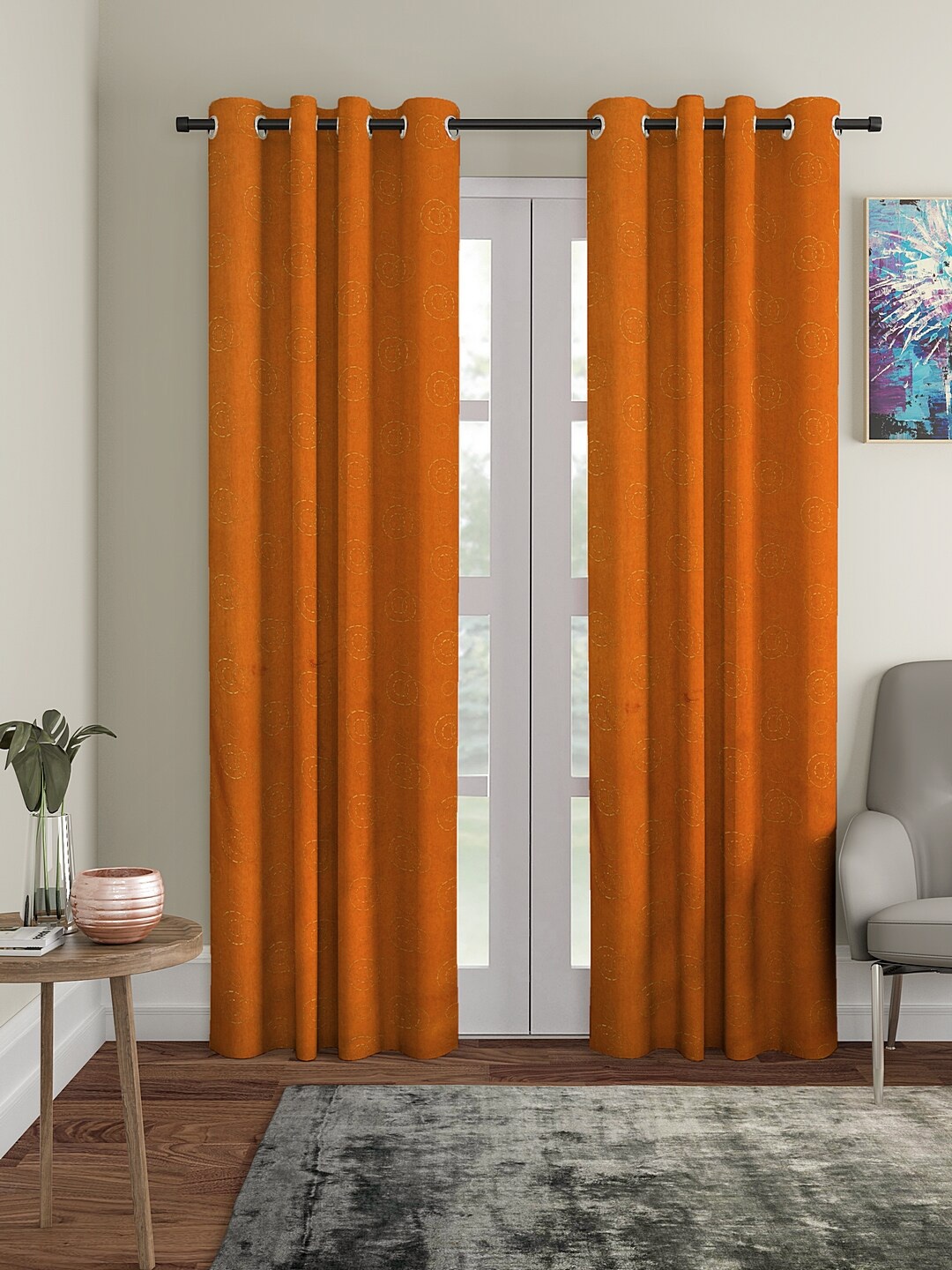 Cortina Set Of 2 Orange & Gold-Colour Embellished Long Door Curtains