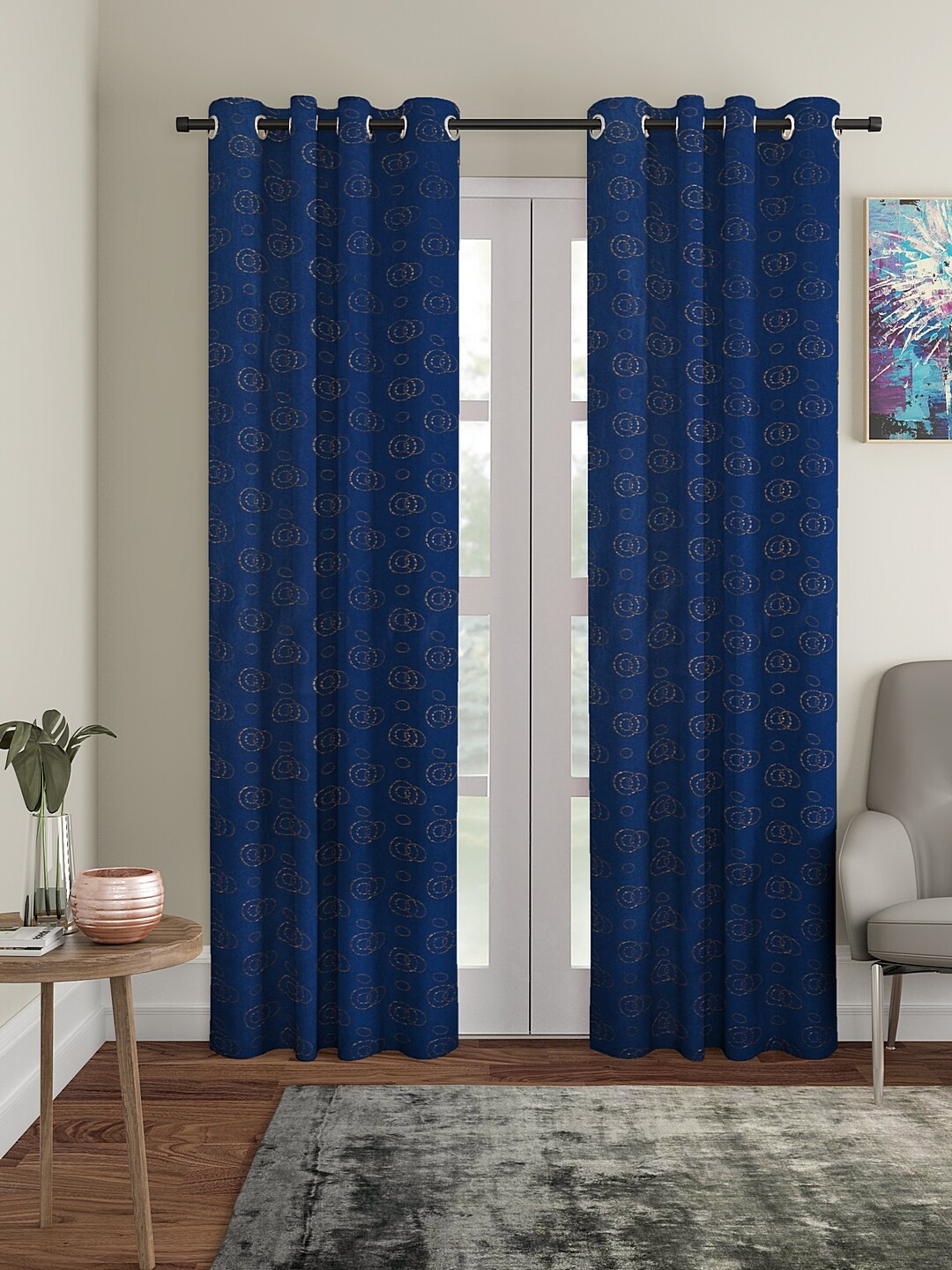 

Cortina Set of 2 Printed Long Door Curtains, Navy blue