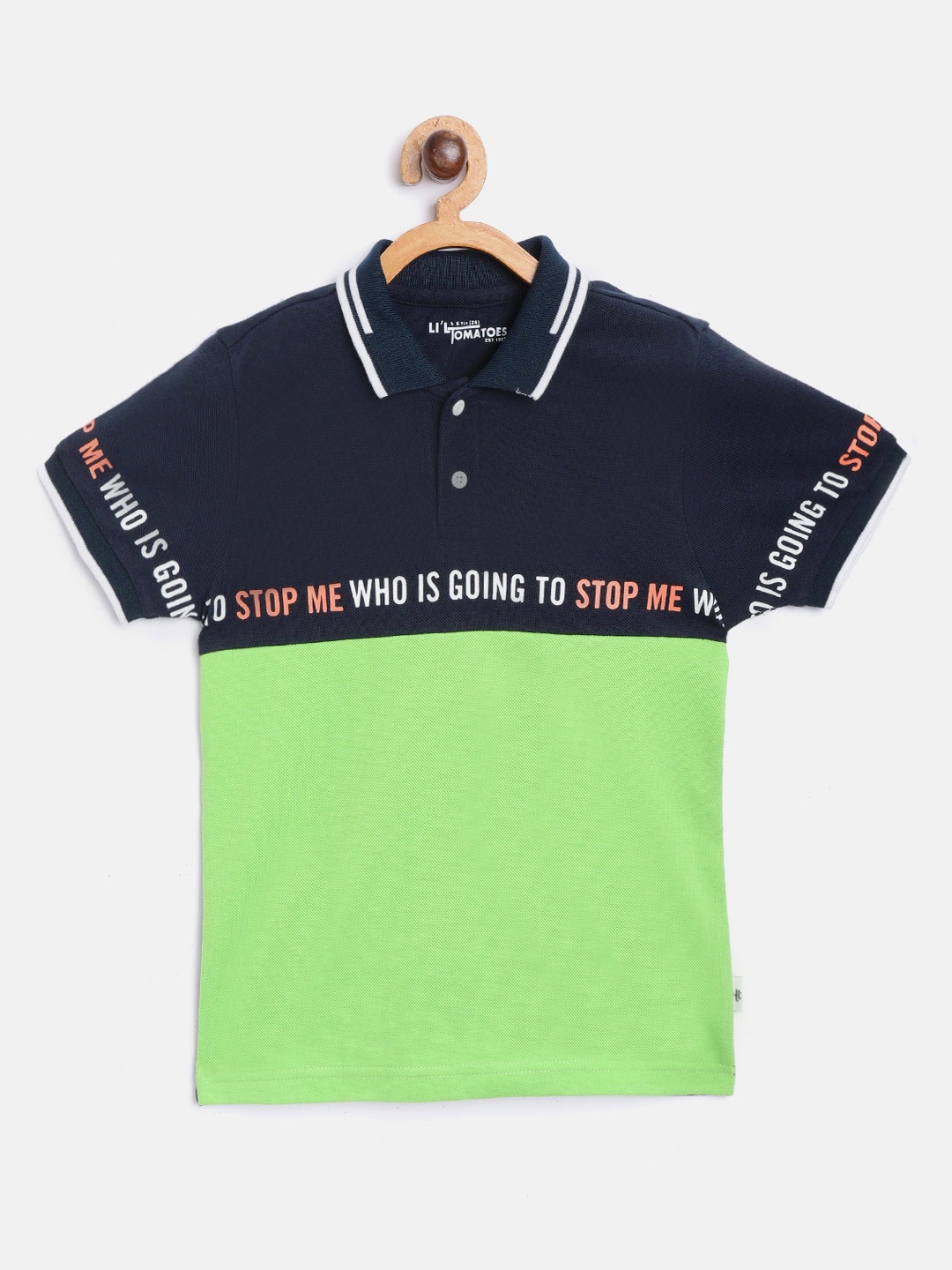 

Lil Tomatoes Boys Navy Blue & Green Pure Cotton Colourblocked Polo Collar T-shirt