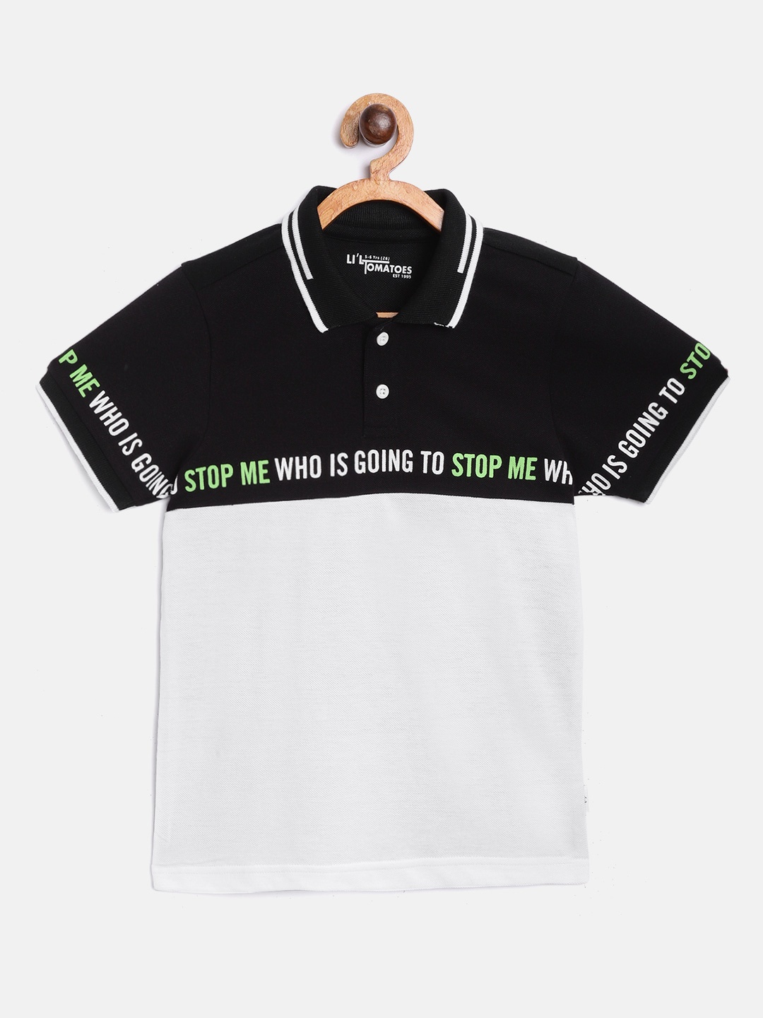 

Lil Tomatoes Boys Black & White Pure Cotton Colourblocked Polo Collar T-shirt