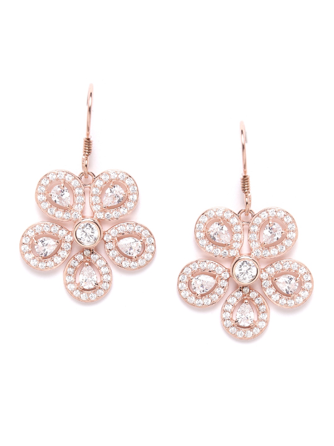 

Silgo 925 Sterling Silver Rose Gold-Plated CZ Studded Floral Drop Earrings