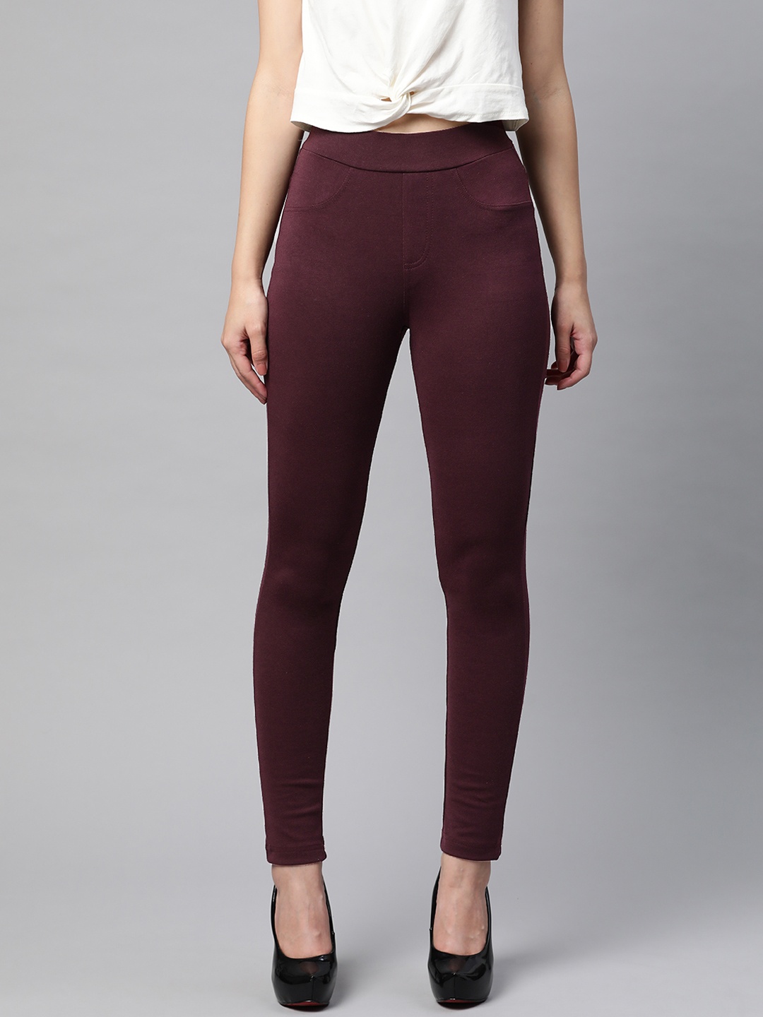 

Hubberholme Women Burgundy Solid Skiny Fit Treggings