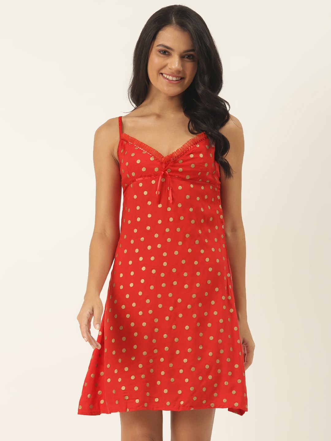 

Ms.Lingies Red & Gold-Toned Printed Baby Doll with Briefs