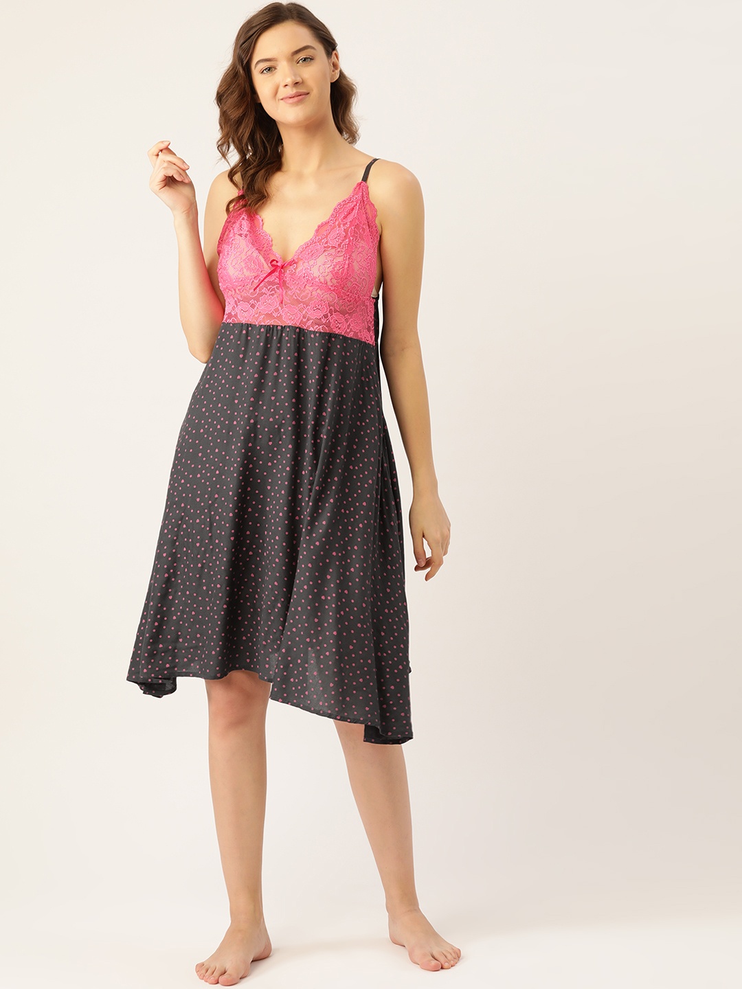 

Ms.Lingies Charcoal Grey & Pink Printed Lace Baby Doll With Matching Briefs