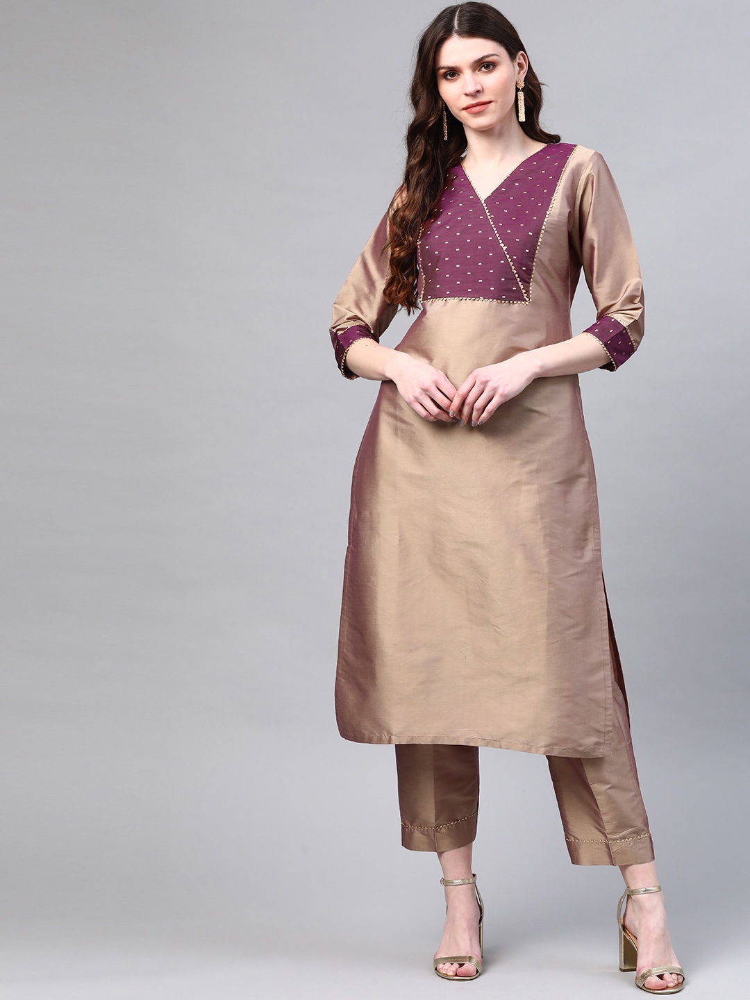 

Laado - Pamper Yourself Women Beige & Burgundy Yoke Design Kurta with Palazzos