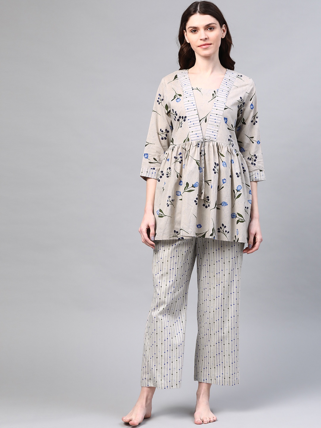 

Laado - Pamper Yourself Women Grey & Blue Floral Print Pure Cotton Sustainable Night suit