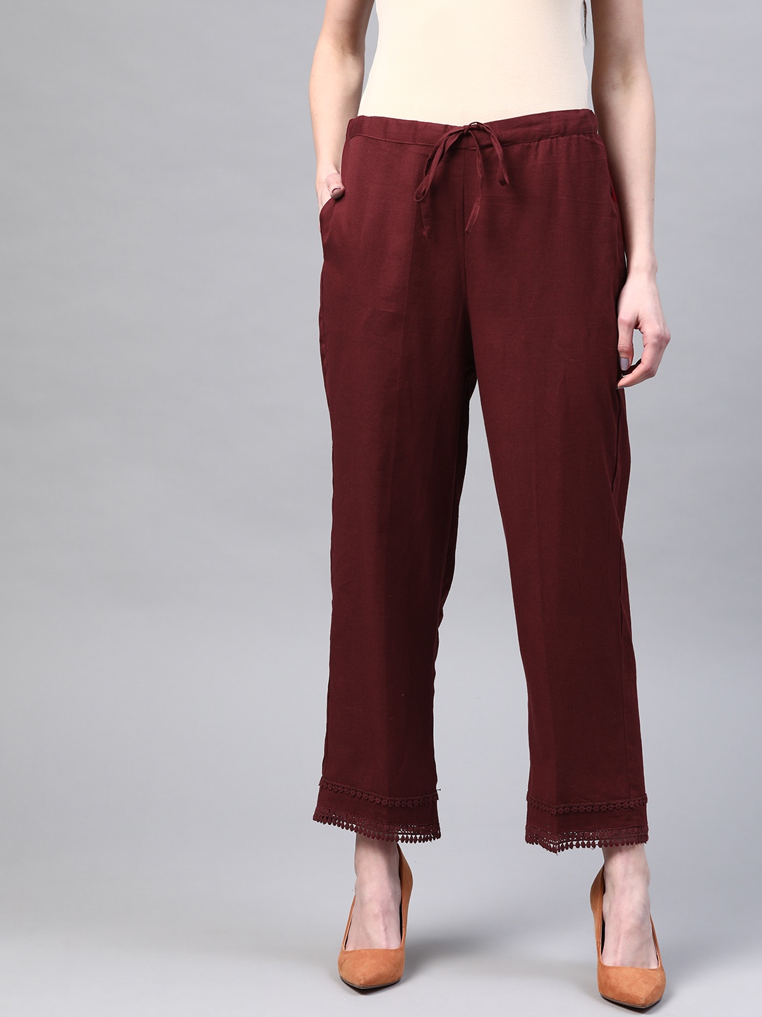 

Laado - Pamper Yourself Women Maroon Hem Design Cotton Handloom Straight Sustainable Palazzos